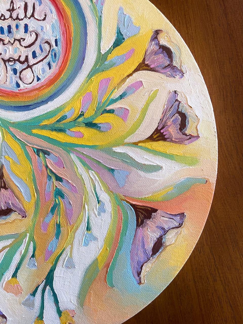 a close up on the painting showing flowers