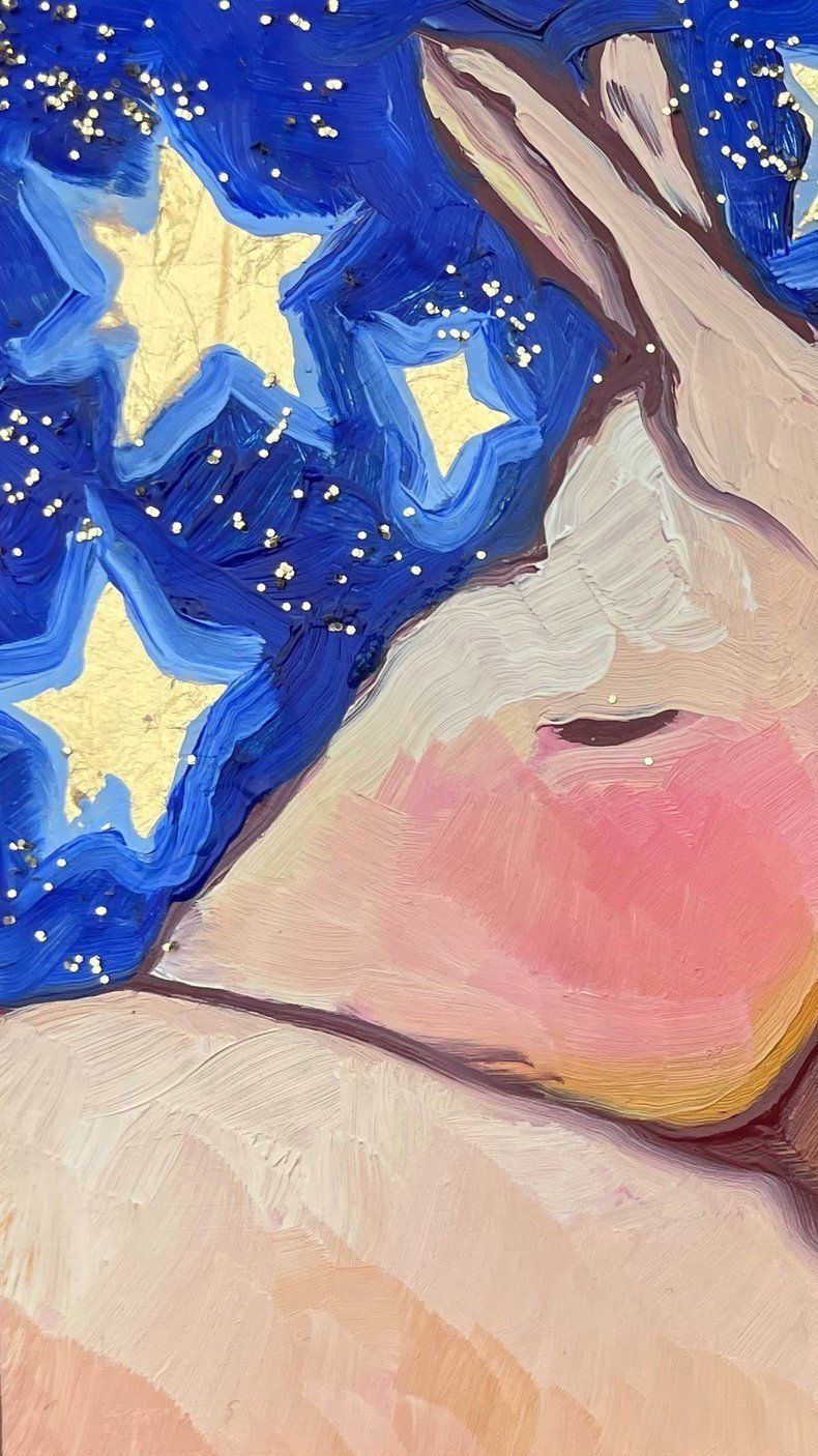 a painting of two white mules hugging under a starry sky.