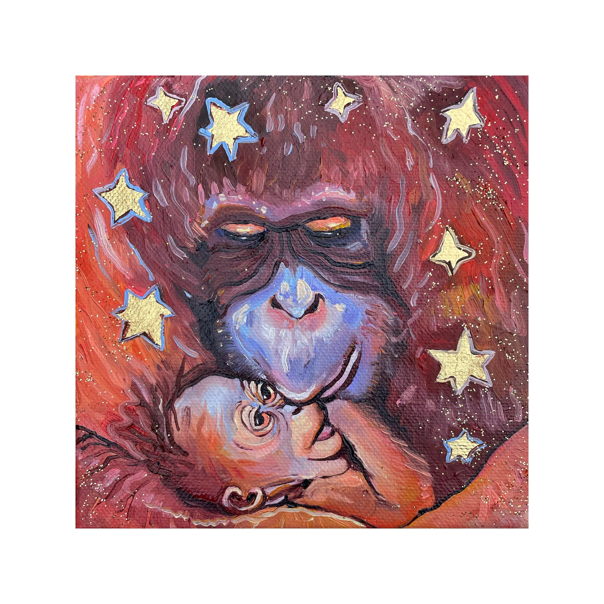 a sweet painting of an orangutan kissing her baby