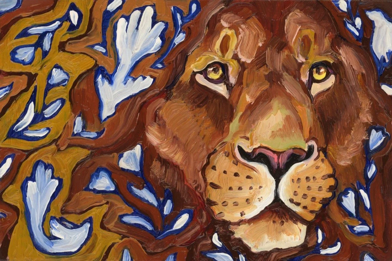 a painting of a lion with blue and white birds and flowers in its mane