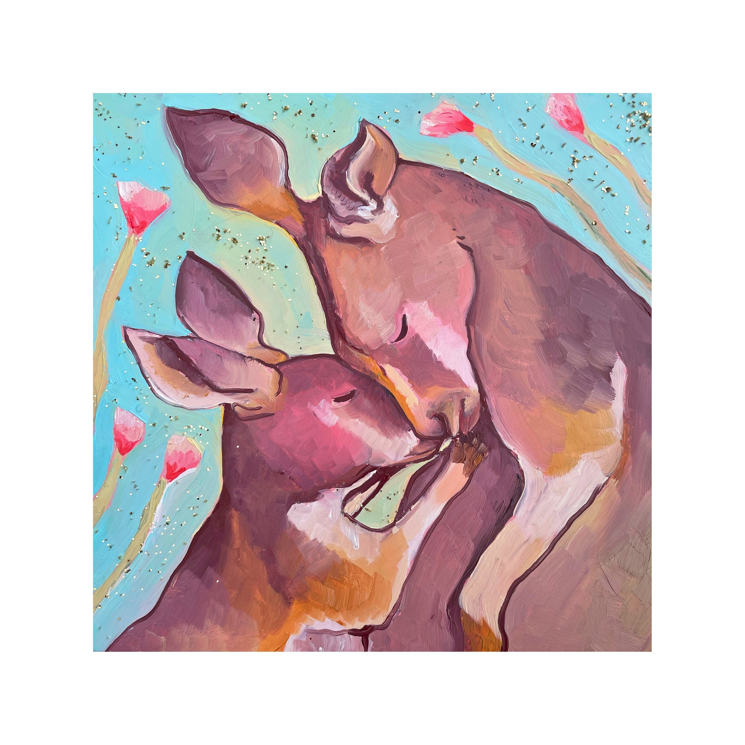 a sweet and colorful painting of a baby kangaroo nuzzling its parent