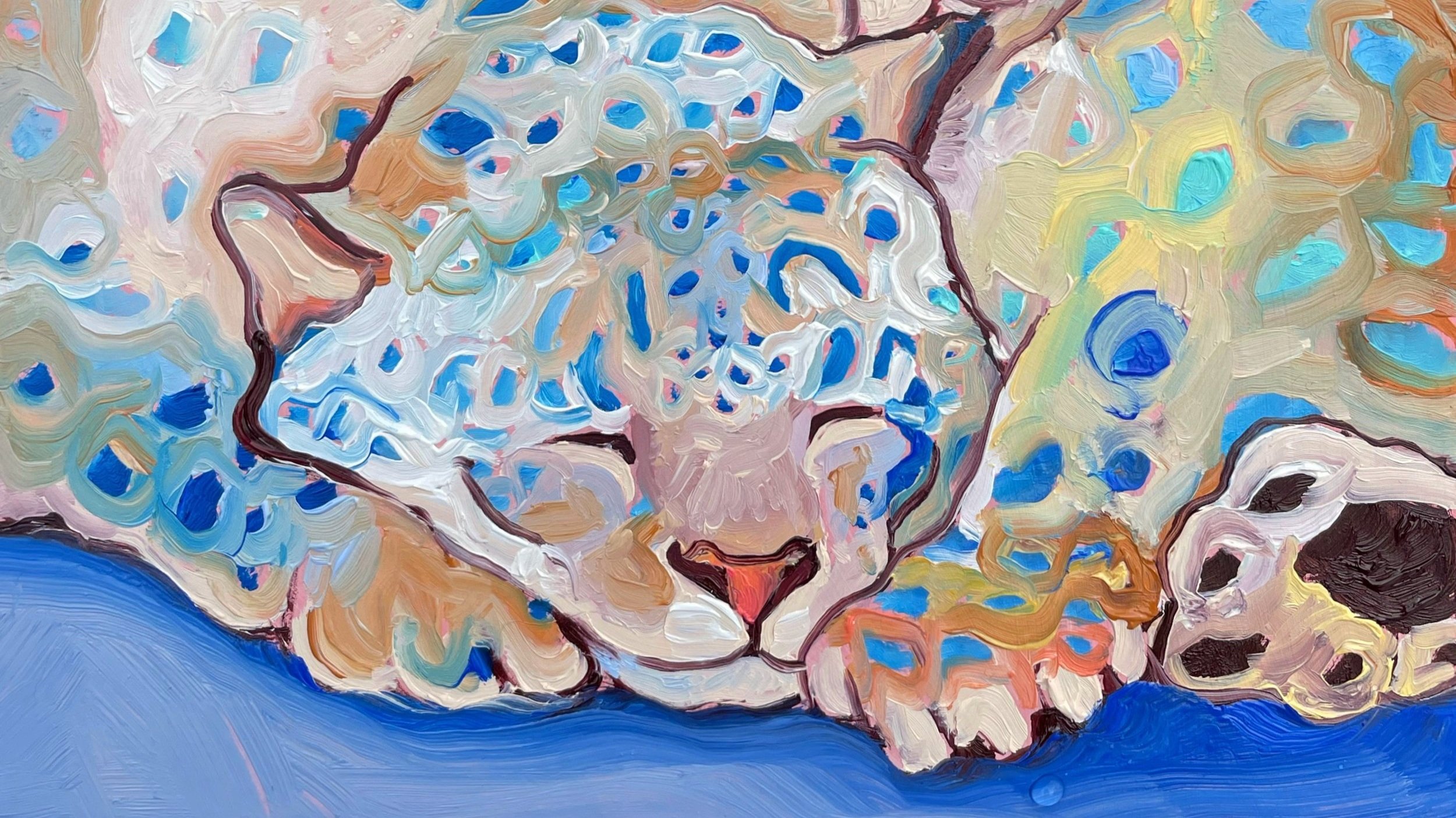 a sweet painting of two snow leopards sleeping under the stars