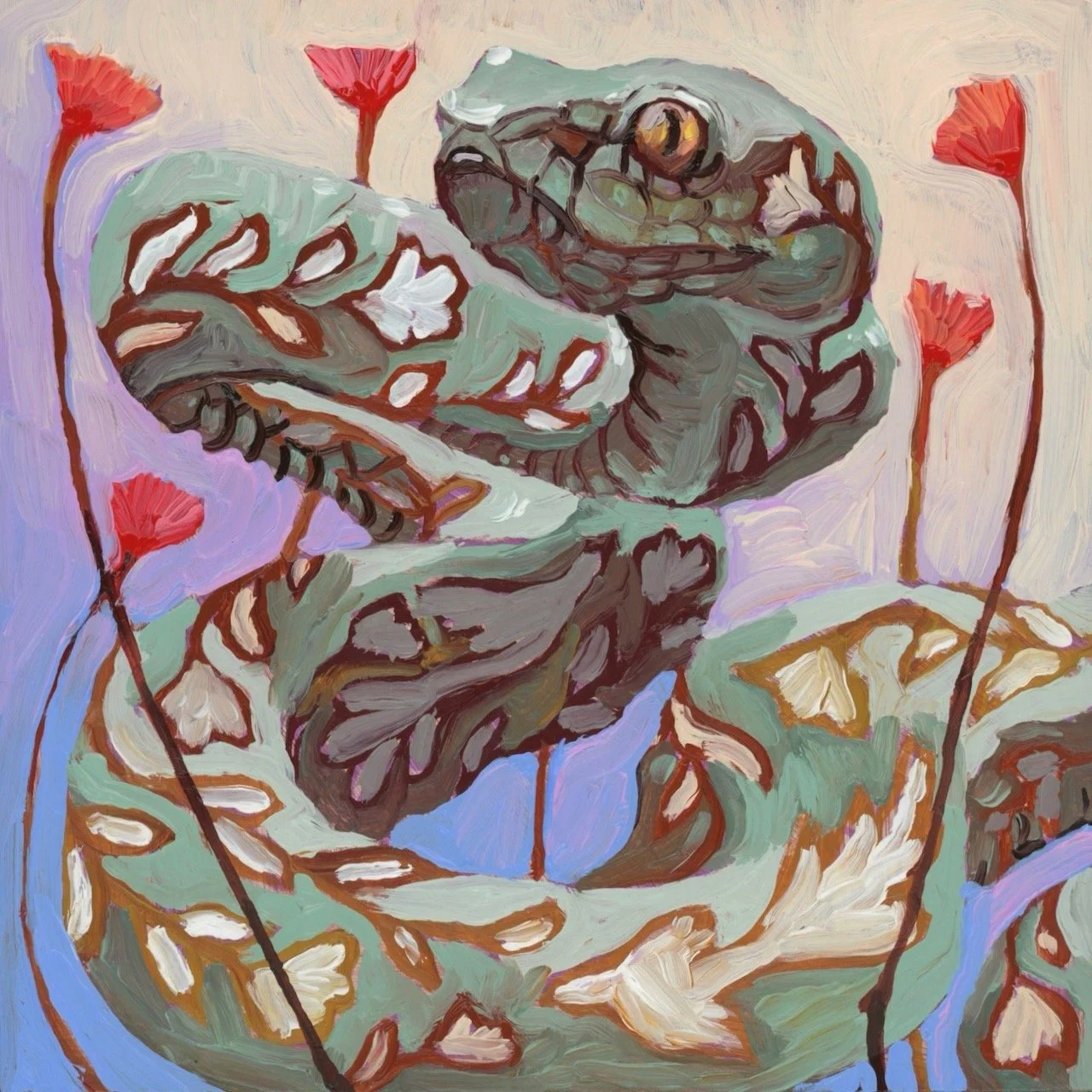 a painting of a green snake on a soft blue and purple background with red flowers