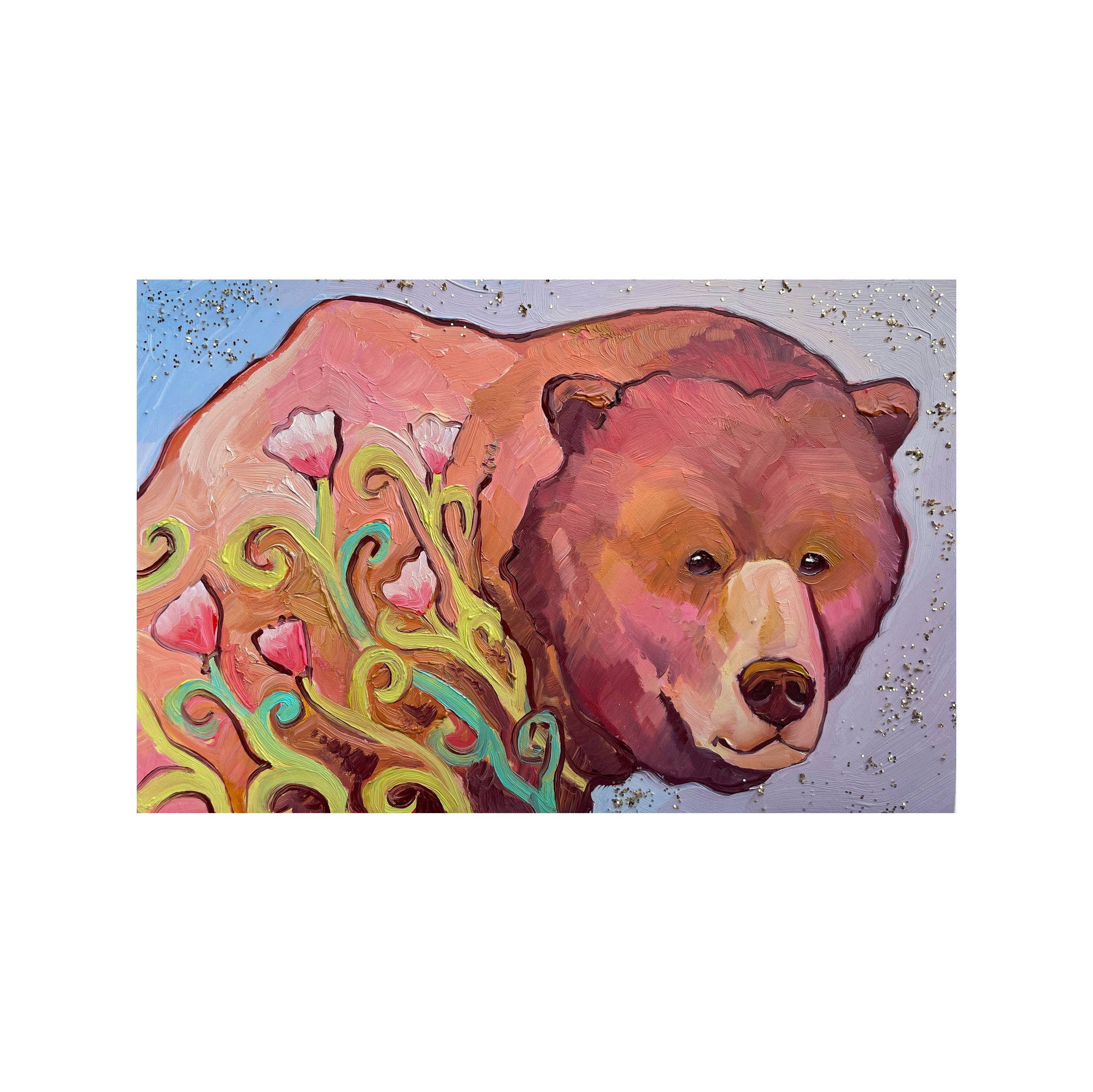 a colorful painting of a brown bear with flowers in its body