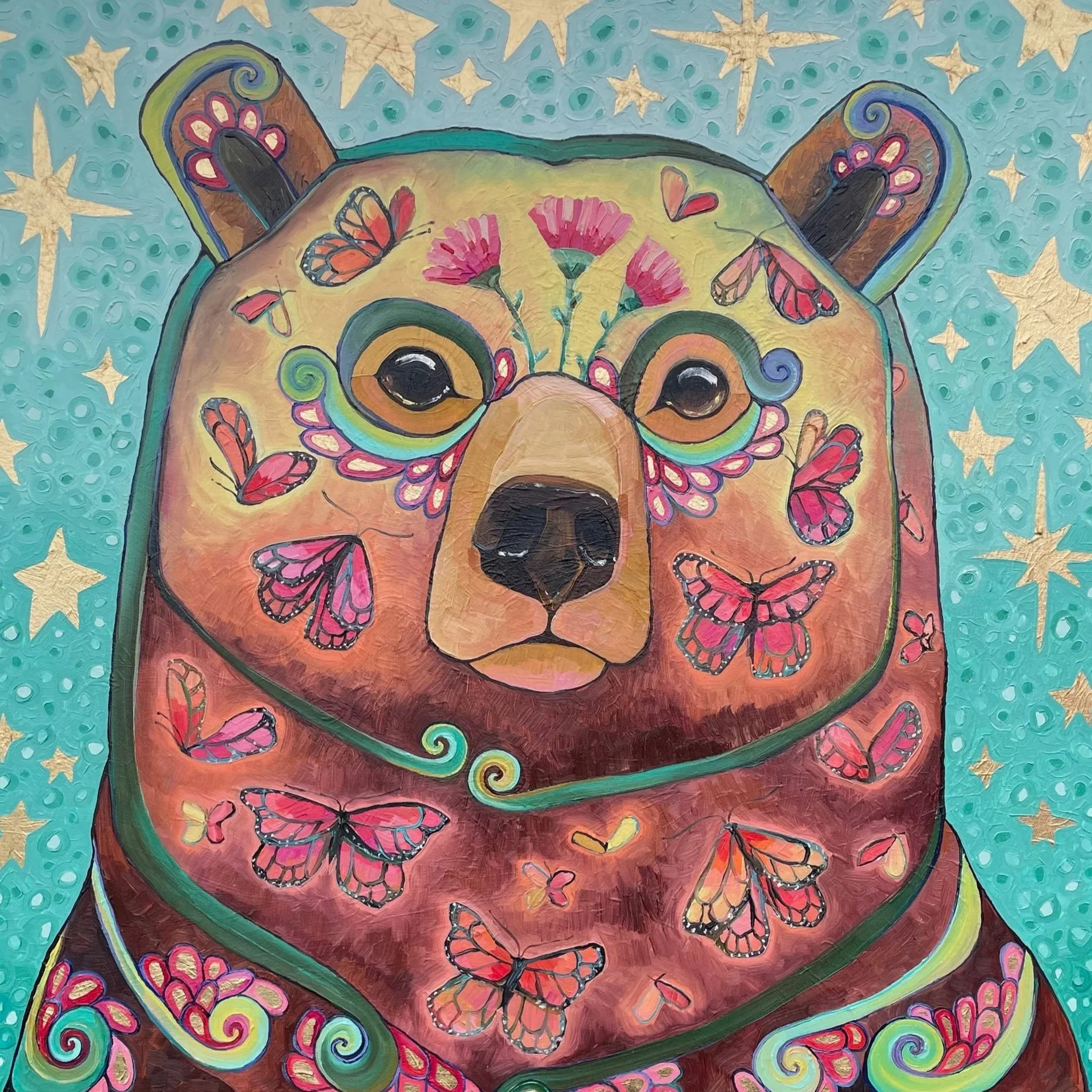 Painting of a dog's face decorated with colorful butterflies, flowers, and stars in a vibrant background.