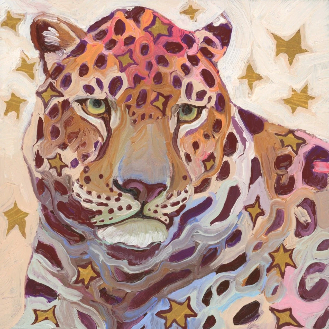 a painting of a leopard with stars around it