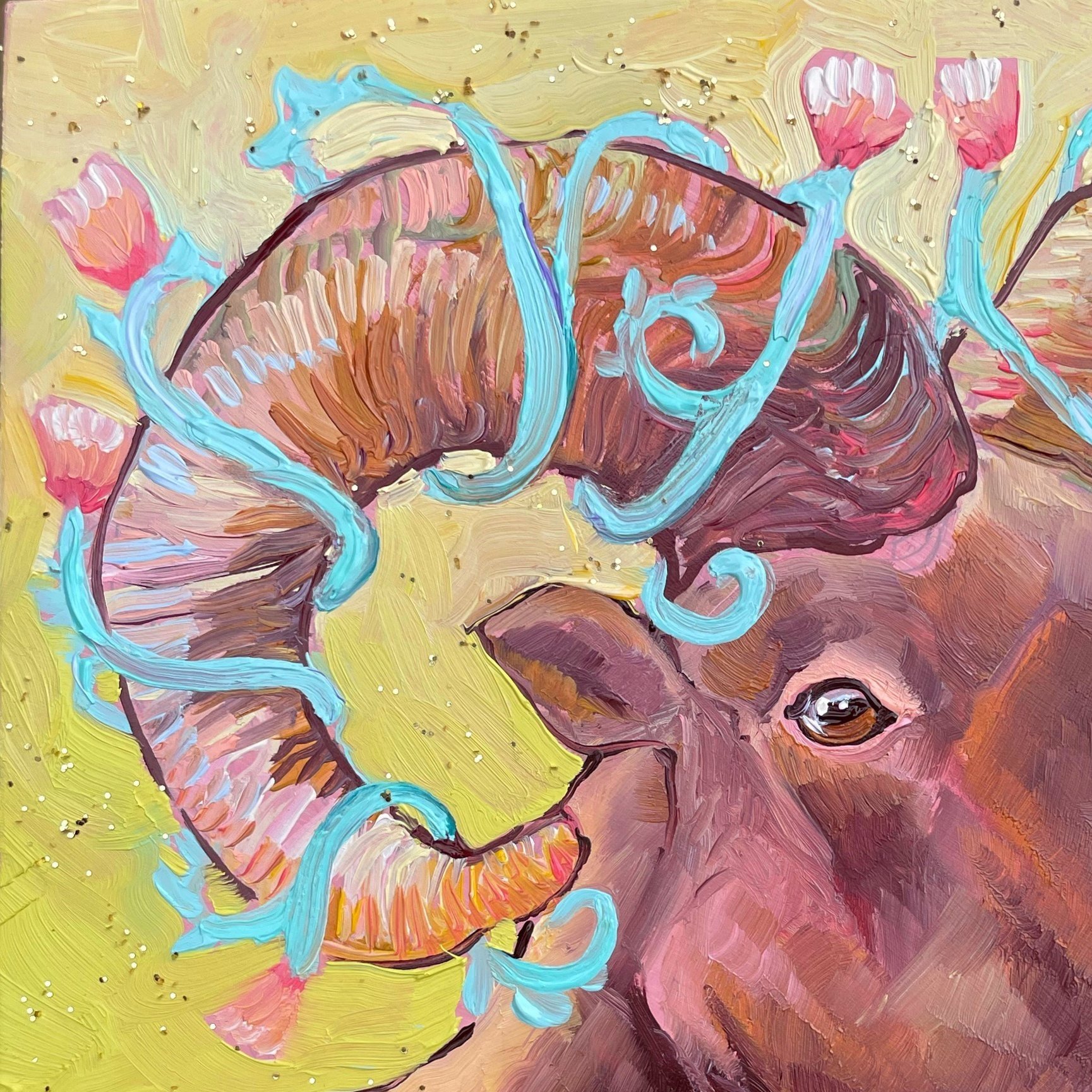 a colorful painting of a bighorn sheep with flowers wound around its horns