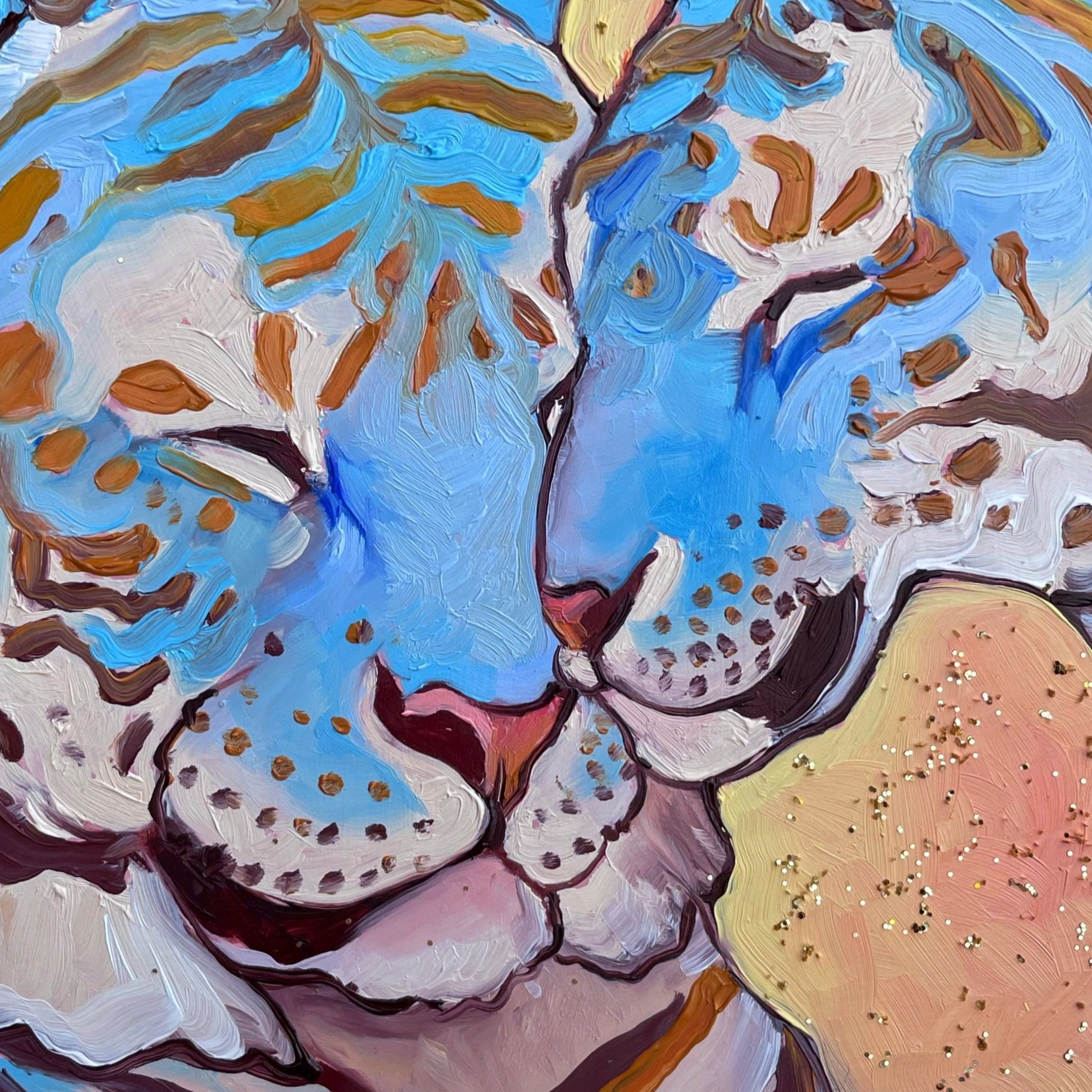 a colorful painting of two blue tigers nuzzling
