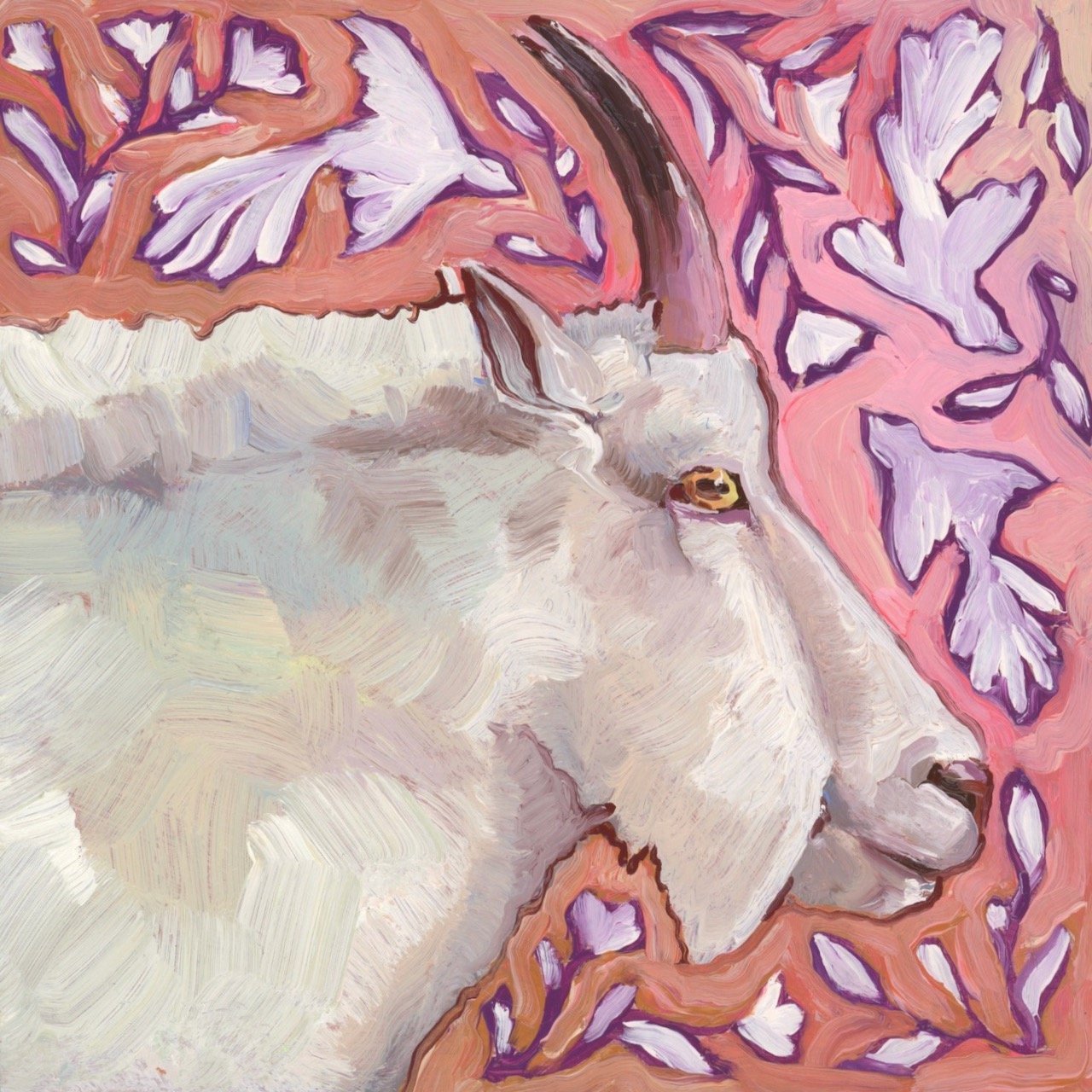 a painting of a mountain goat against a pink and peach background with white birds and flowers