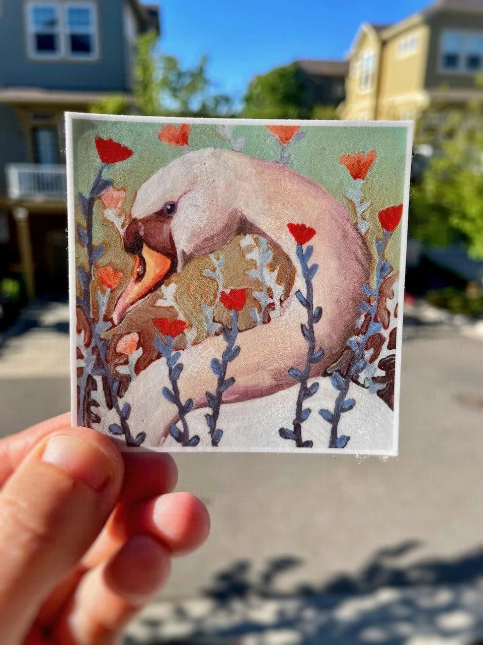 a square sticker of a swan painting