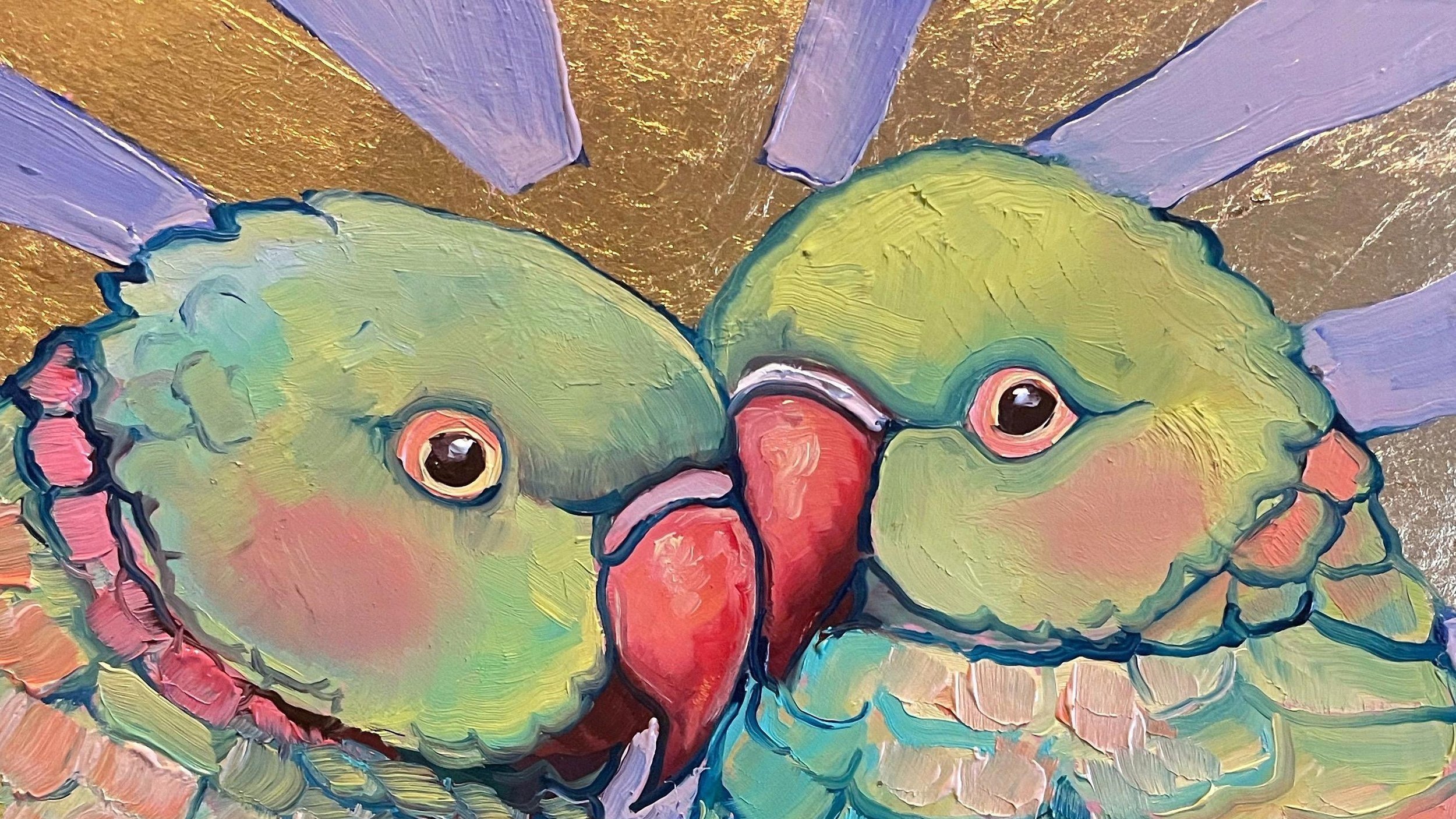 a colorful painting of two green parrots leaning on one another