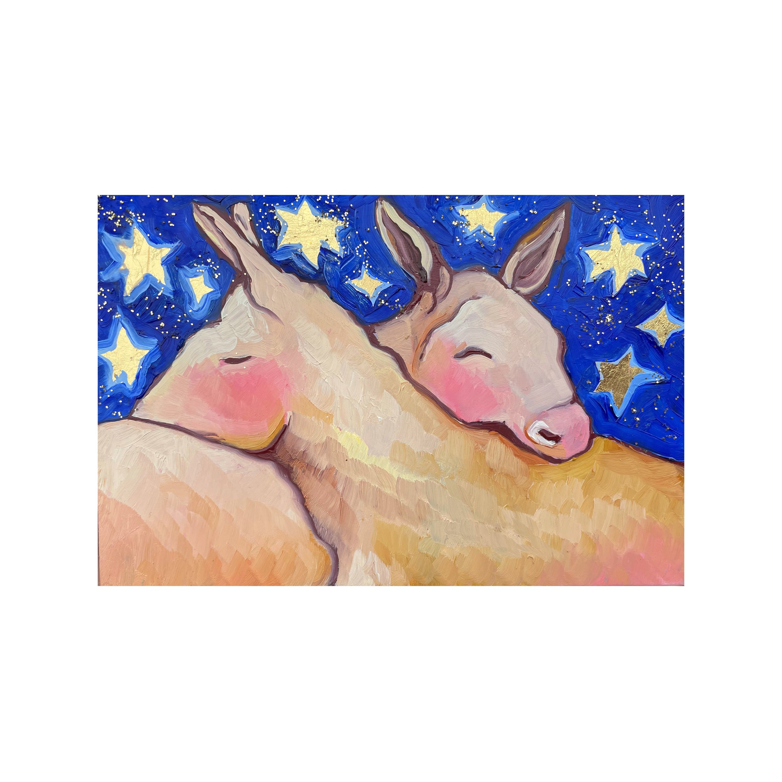 a painting of two white mules hugging under a starry sky.
