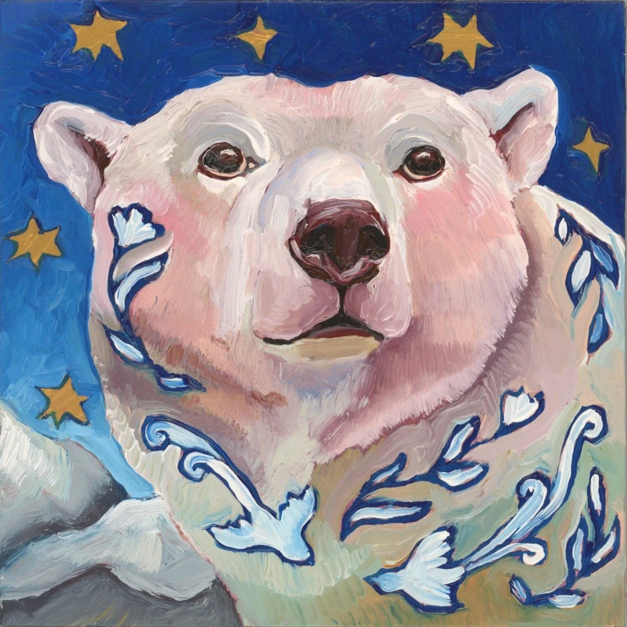 a soulful painting of a polar bear against a blue night sky