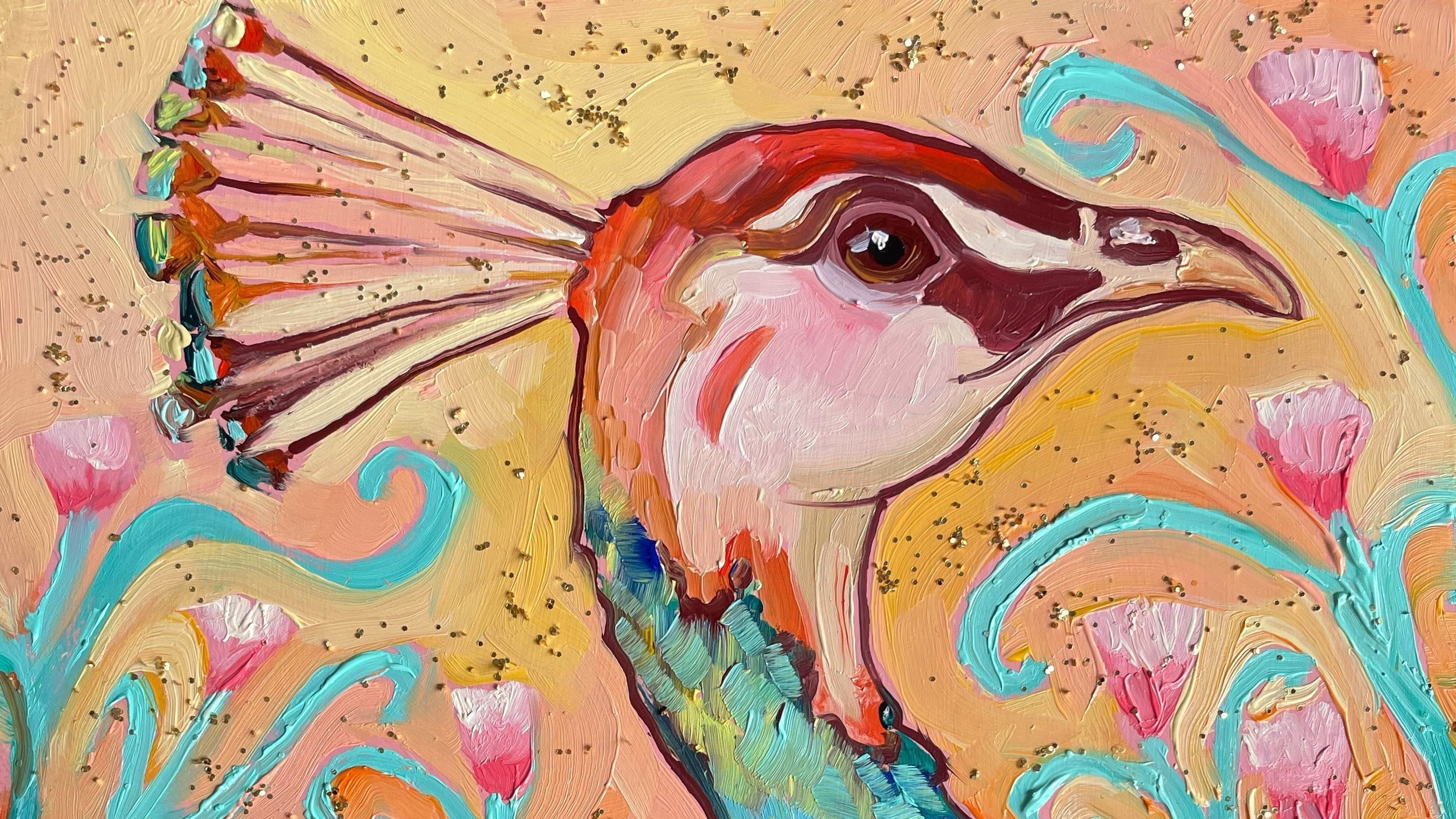 a colorful painting of a peahen