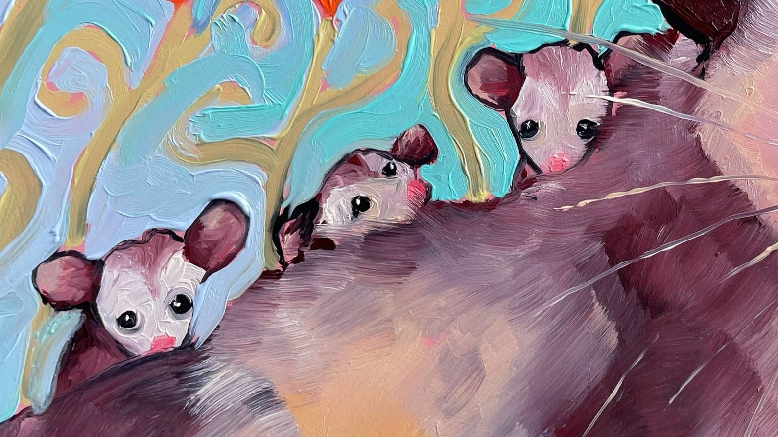 a colorful painting of an opossum family