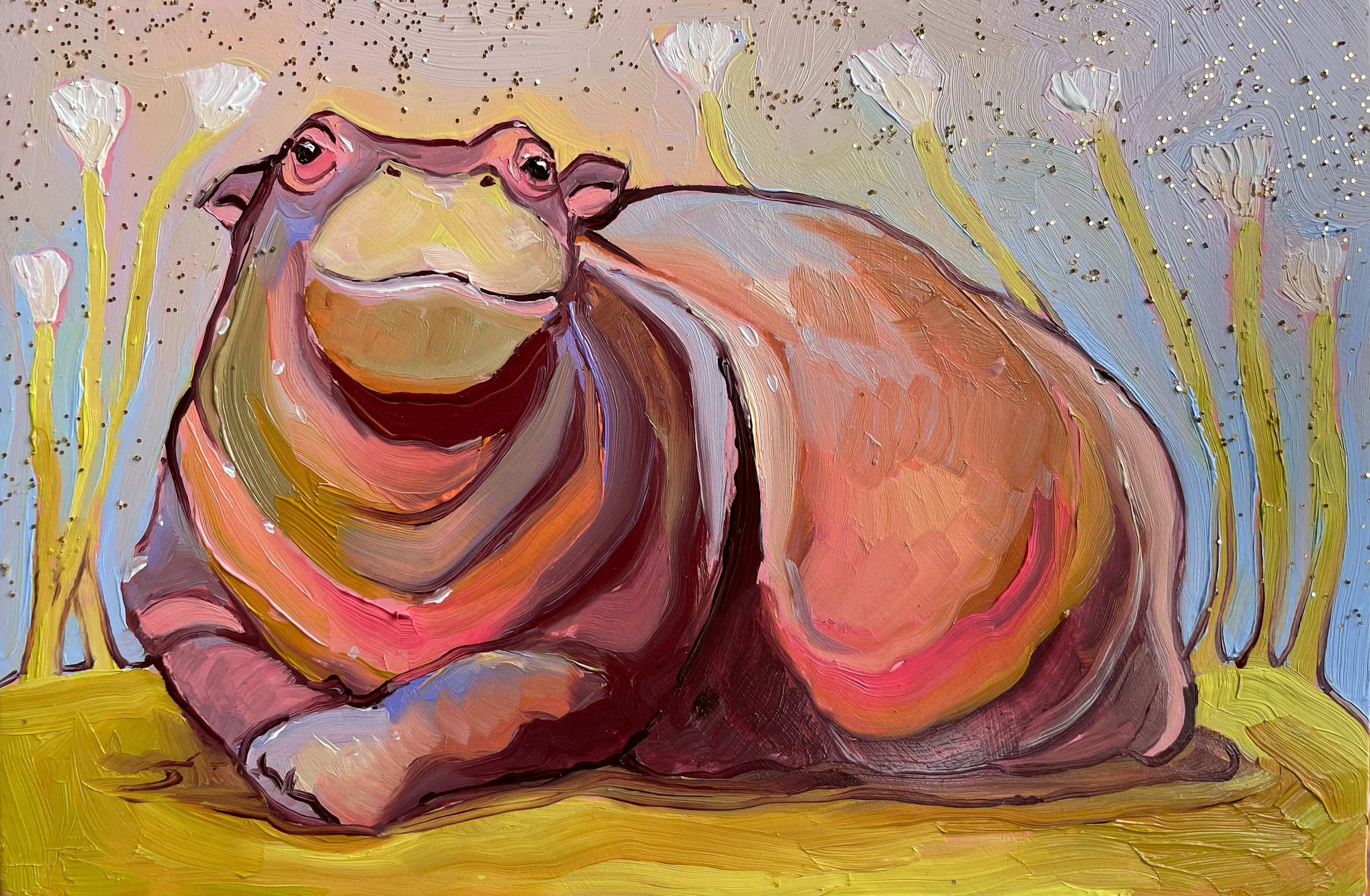 a colorful painting of a cute baby hippo