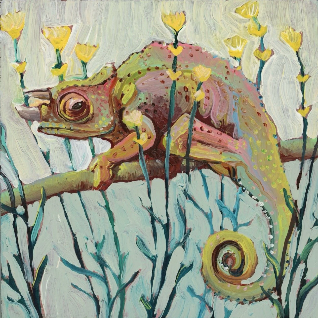 a painting of a chameleon on a branch surrounded by yellow flowers