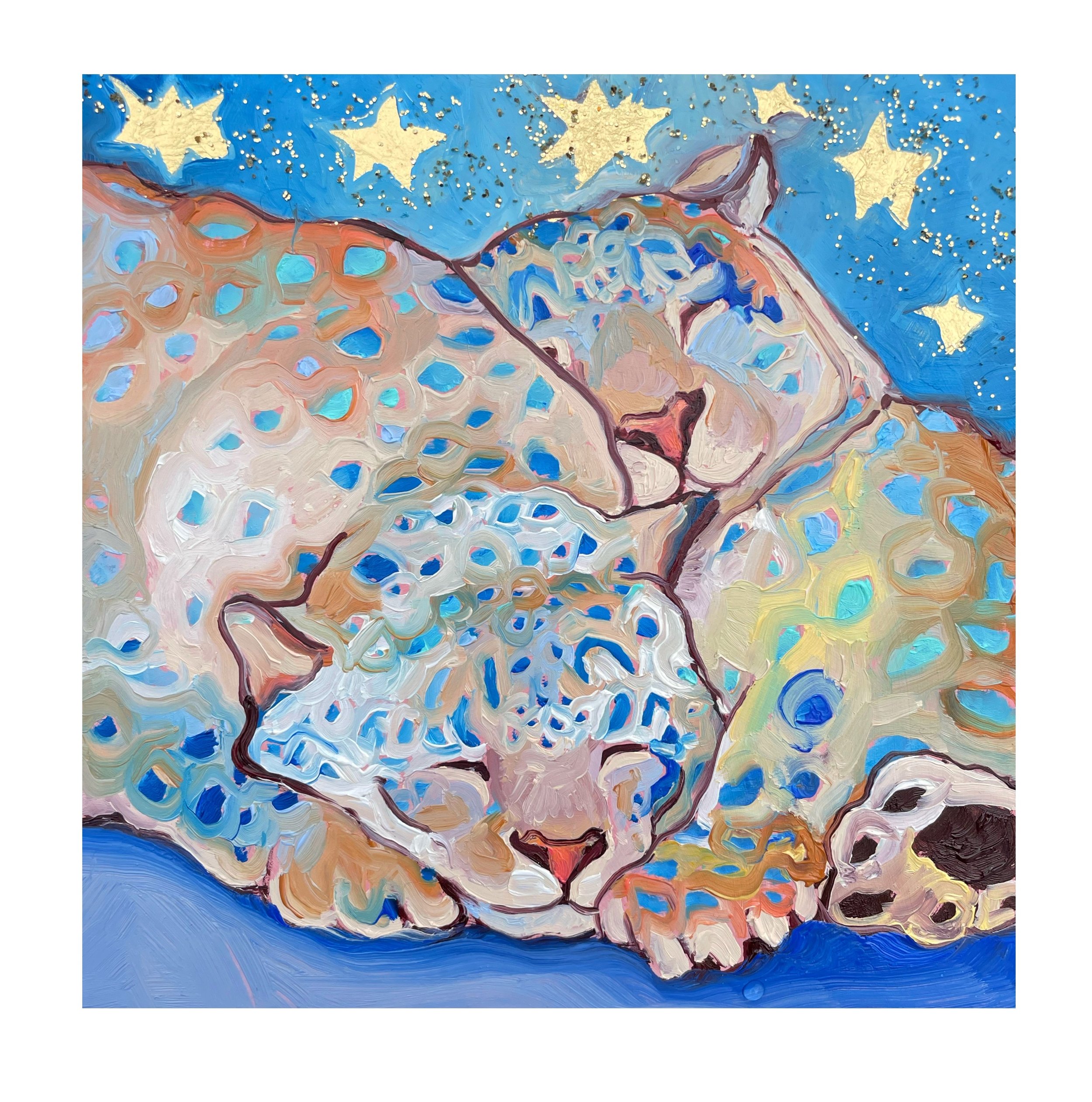 a sweet painting of two snow leopards sleeping under the stars