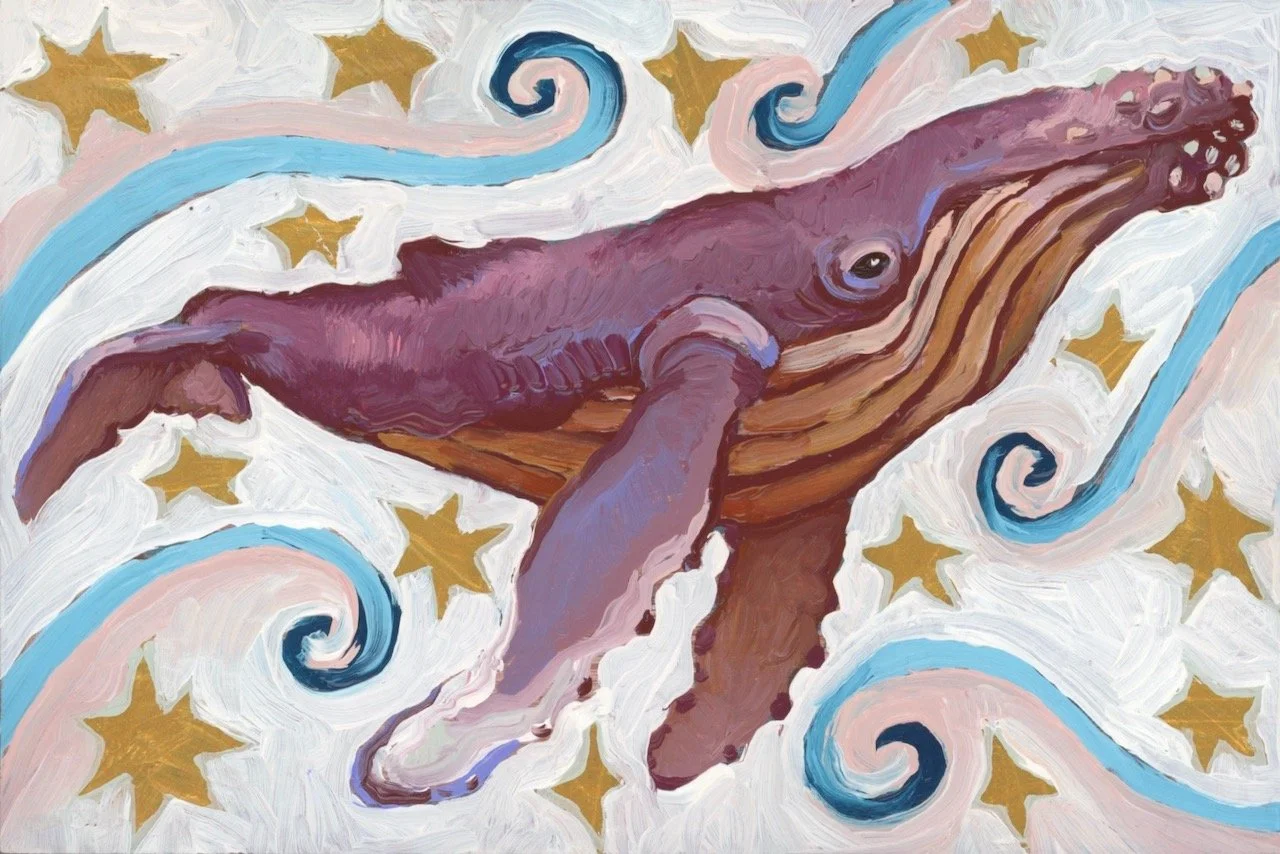 a magical painting of a humpback whale in purple tones against a sea of stars