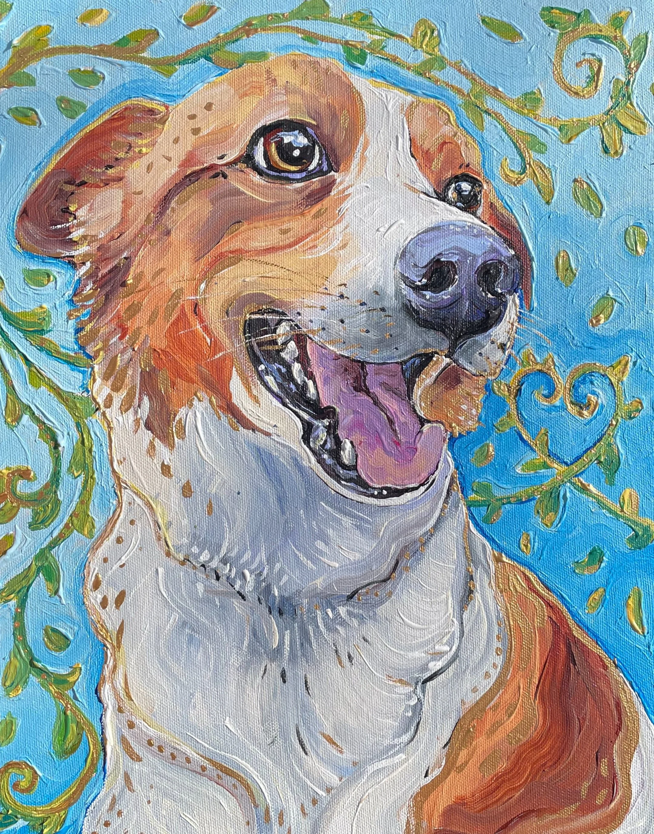 a painting of a smiling tan and white dog against a blue sky with green vines.