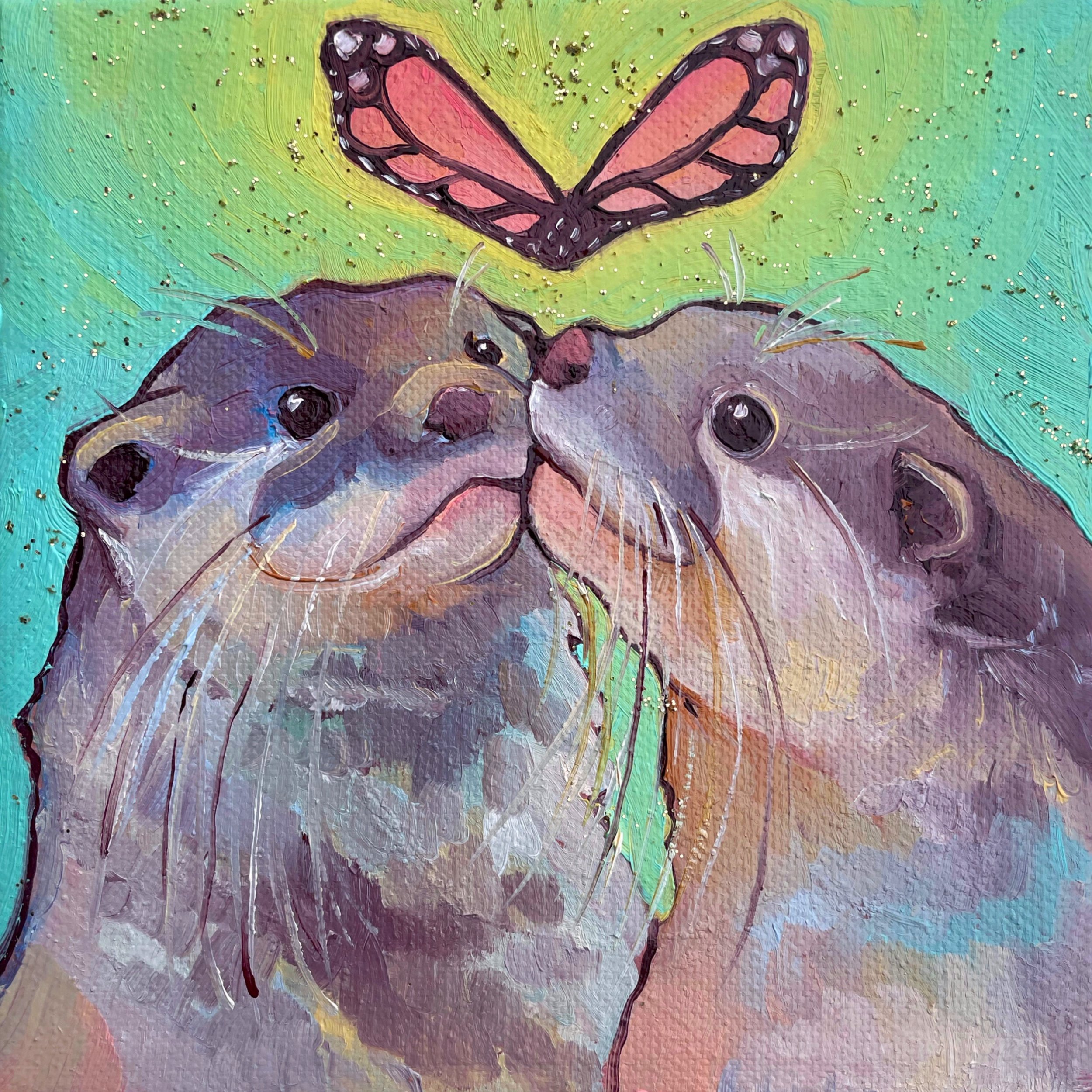 a cute painting of two otters kissing under a butterfly shaped like a heart