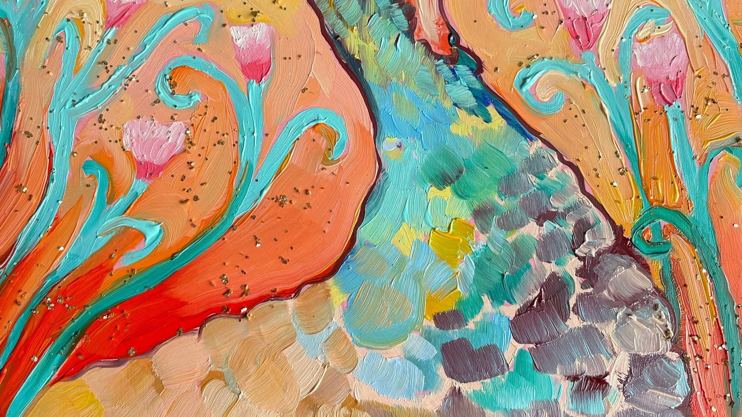 a colorful painting of a peahen