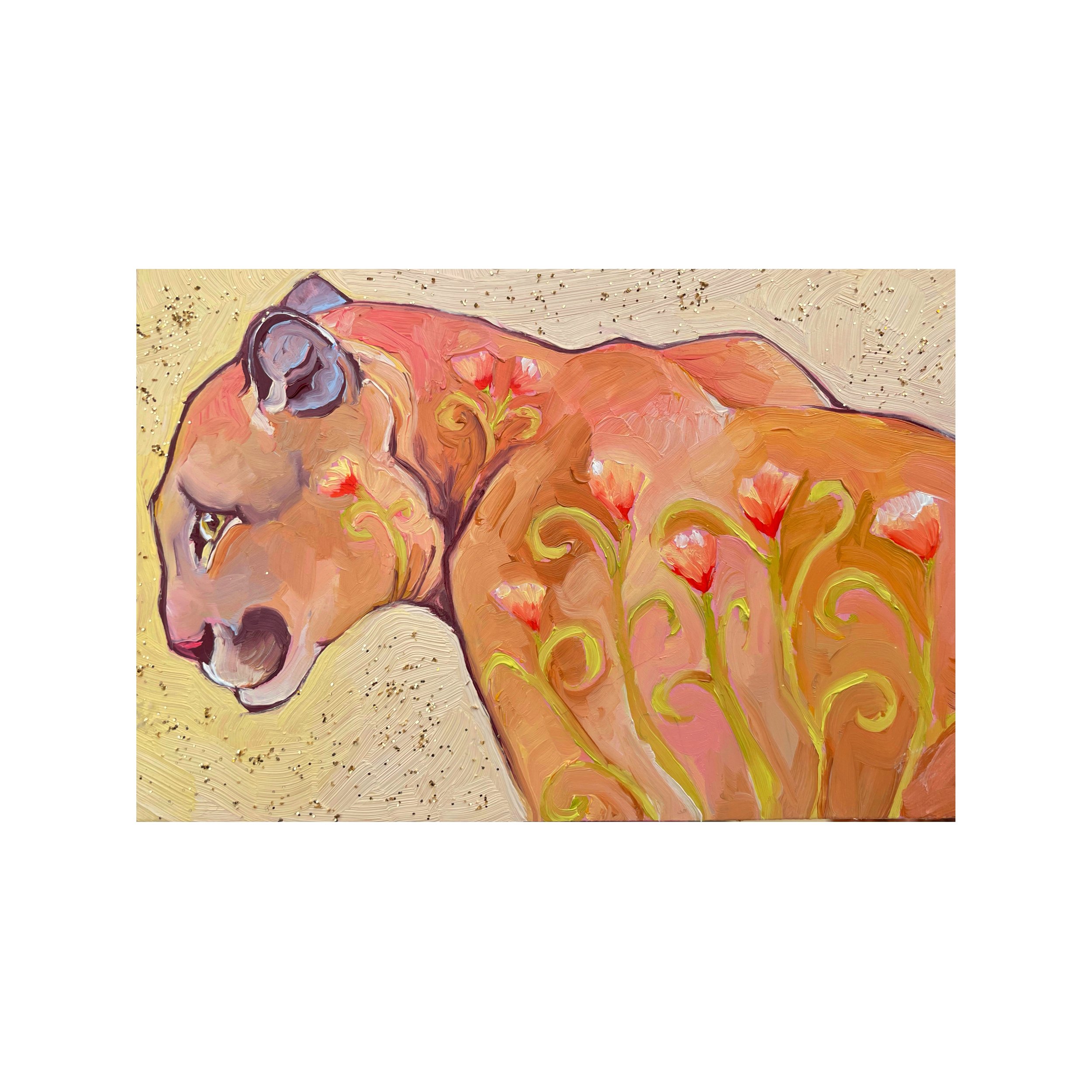 a colorful painting of a mountain lion with flowers in its body