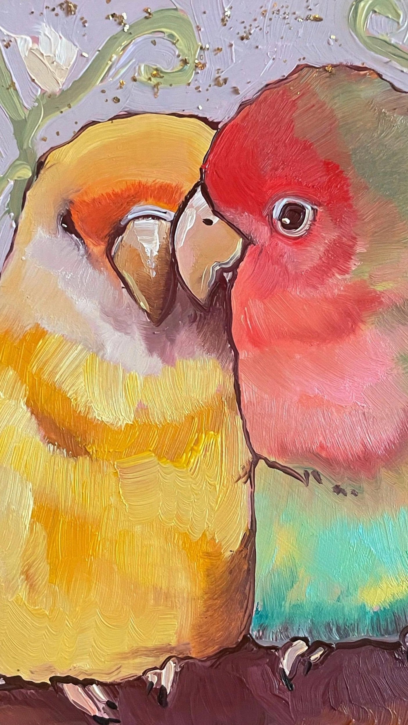 a sweet and colorful painting of two birds nuzzling.