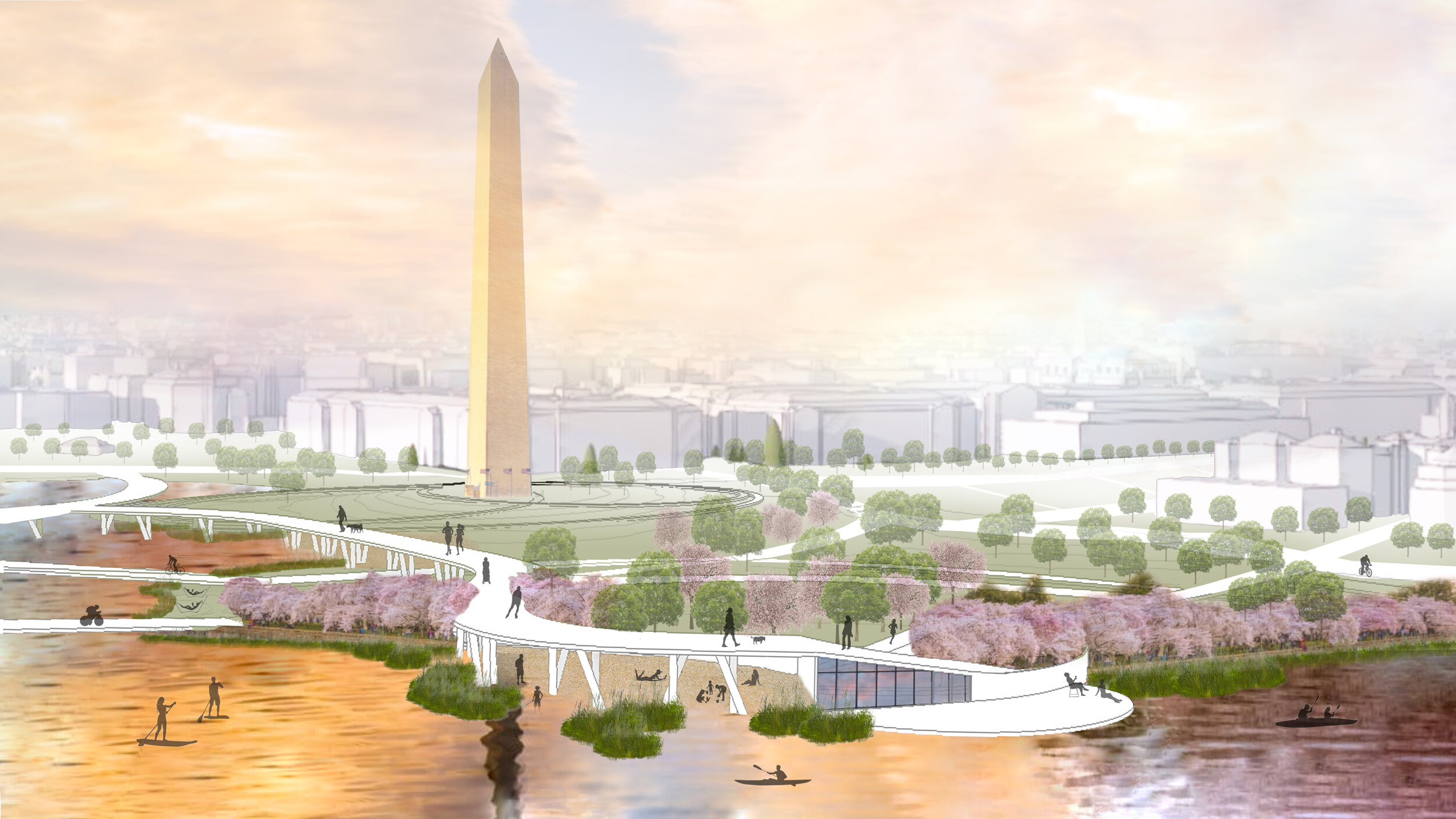  A new boathouse and elevated pedestrian walkways allow the monuments to be experienced in a new way. 