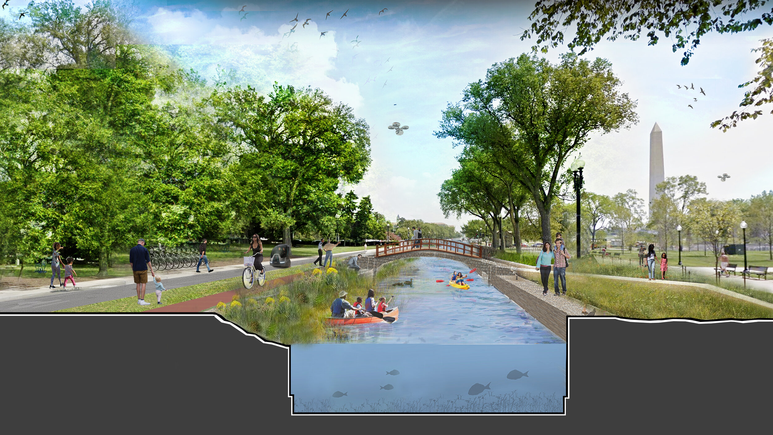  The canal streets promote human interaction with water and water retention. 