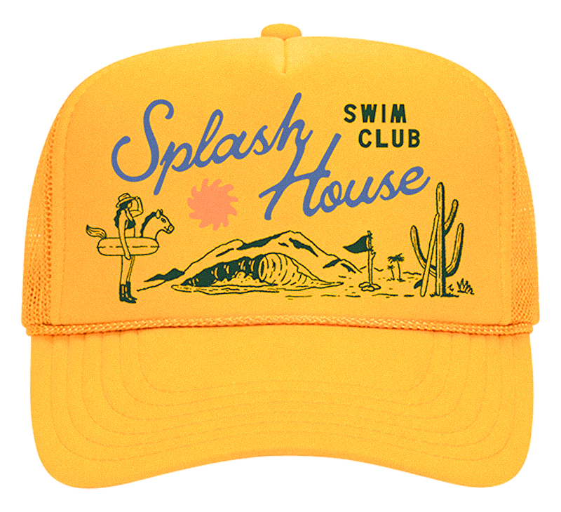 Swim club yellow trucker hat design with cowgirl and desert oasis scene for Splash House swim surf club merch collection.