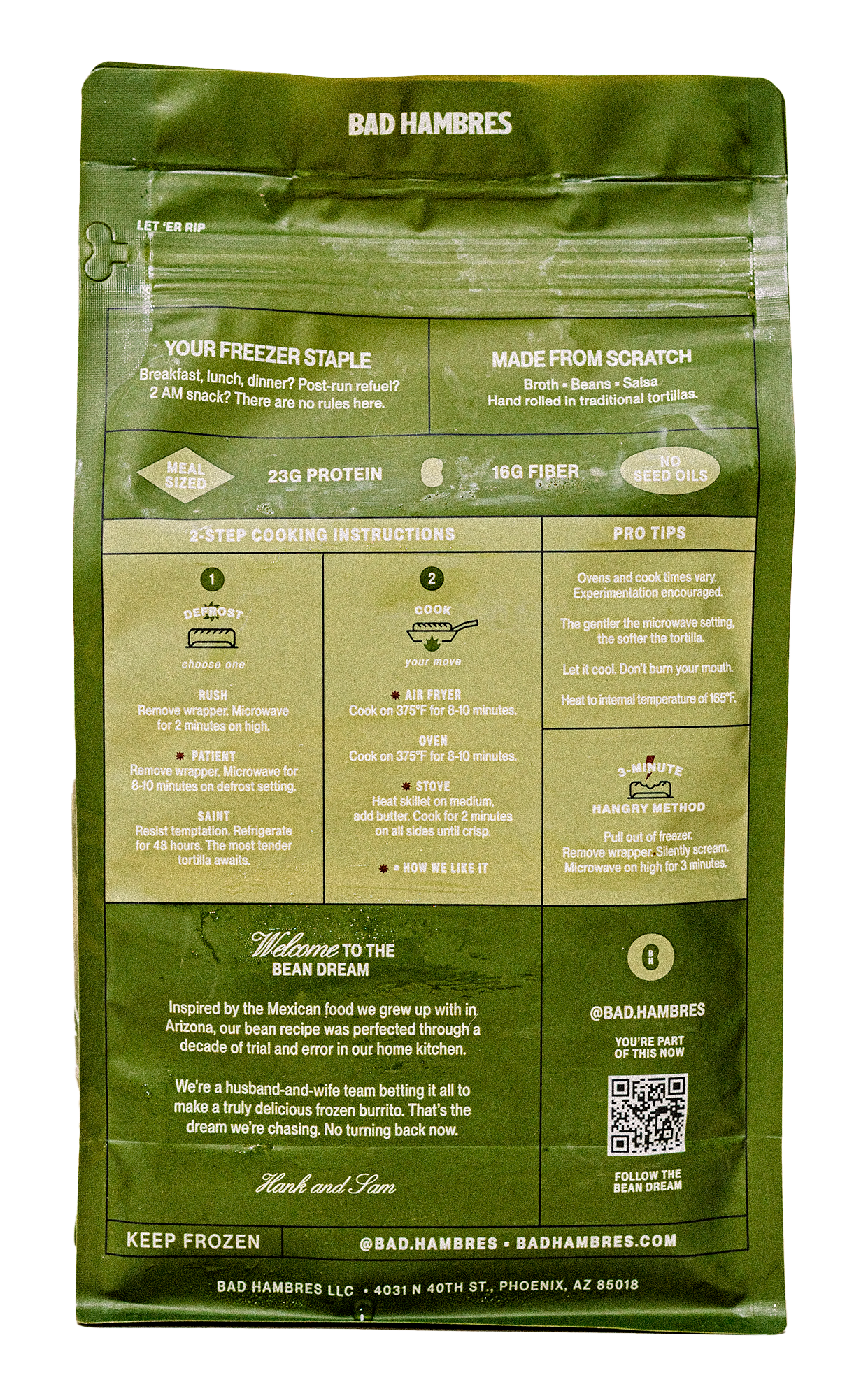 Close-up of Bad Hambres 6-pack bag showing custom branding and messaging back nutritional side