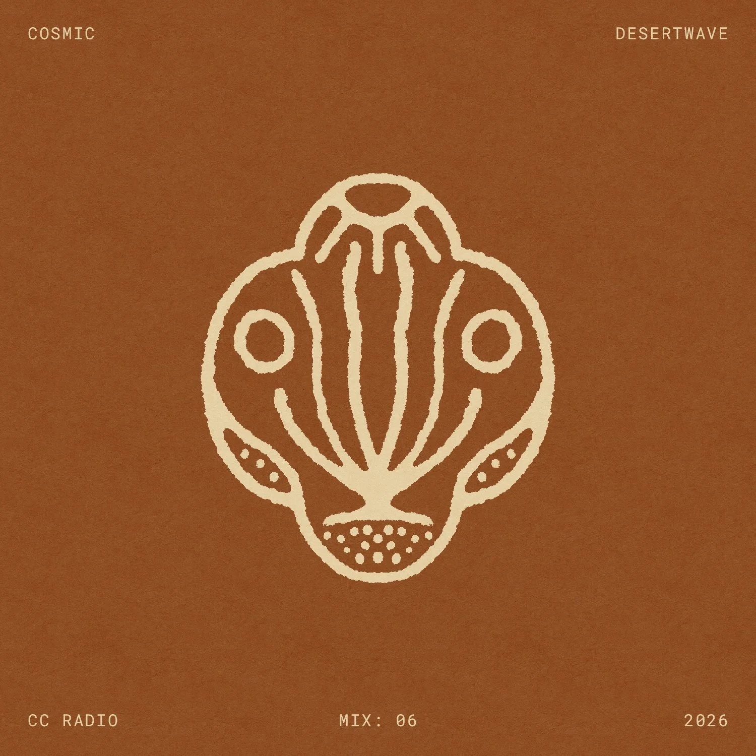 Cosmic Desertwave playlist cover for Cactus Country Radio Mix 06, featuring a southwestern border, blooming ocotillo, sun and moons.