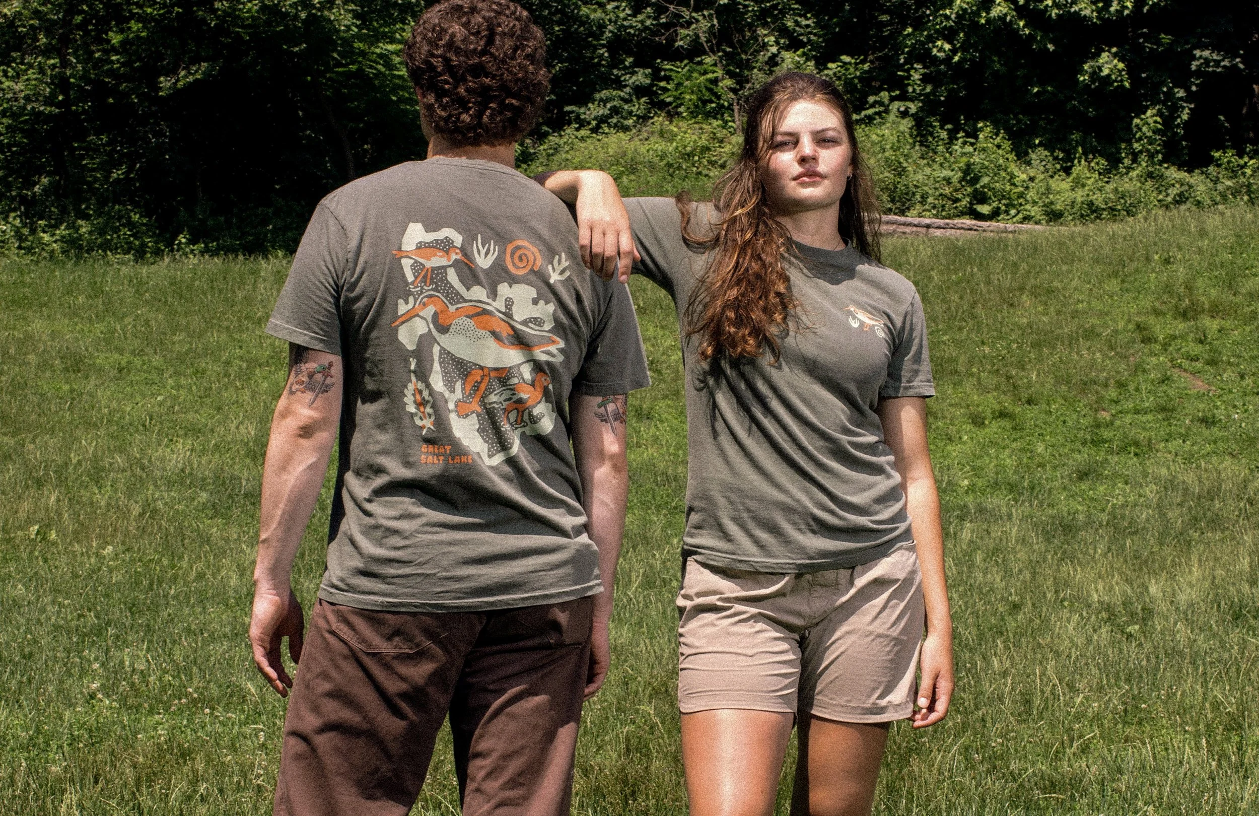 Front and back shirt design illustration detail for Bird Collective apparel collection