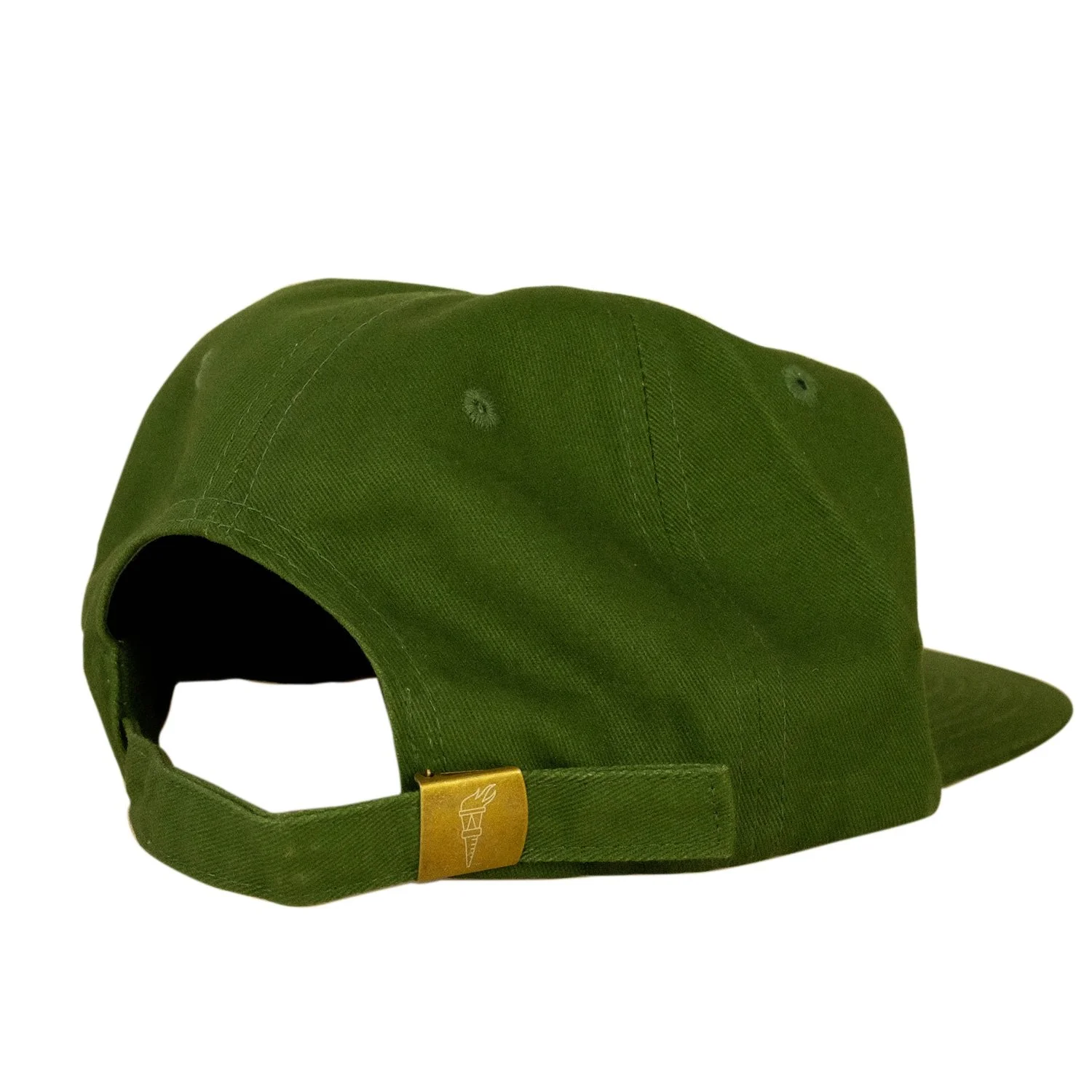 Back of green hat detail showcasing a metal buckle and adjustable strap back.