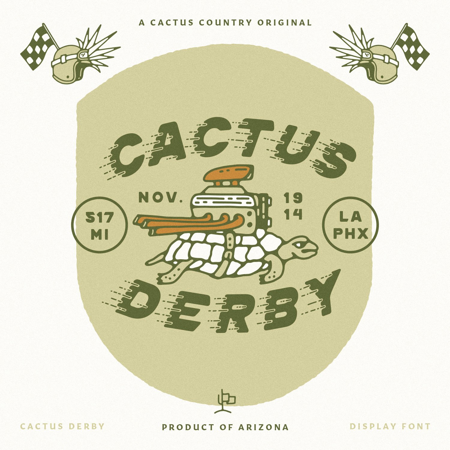 Cactus Country hand-drawn southwestern Cactus Derby font graphic with racing tortoise with racing engine on back.