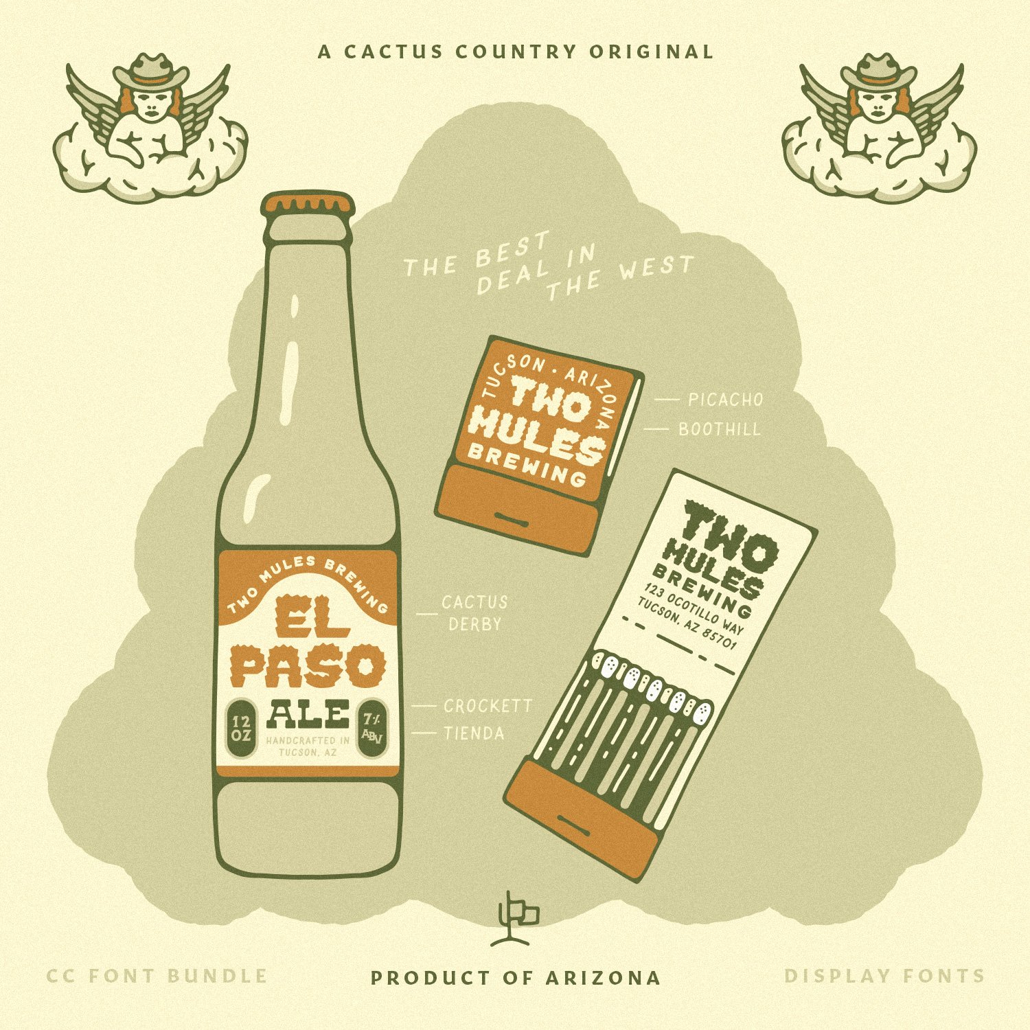 Cactus Country vintage hand-drawn font bundle graphic showcasing a vintage beer packaging label and matchbook illustration.
