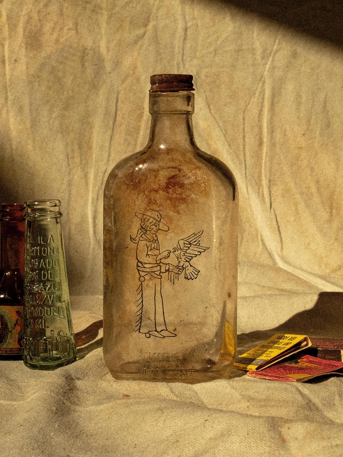 Lone cowgirl with an eagle, engraved on a found desert bottle. Working on getting some more of these engravings eventually in our store with new merch later this year. Stay tuned.
