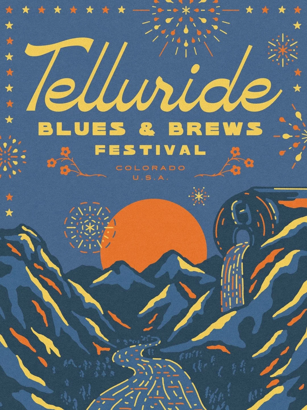 Illustration and design details for the @tellurideblues and Brews Festival - applied to a bandana and blanket.
