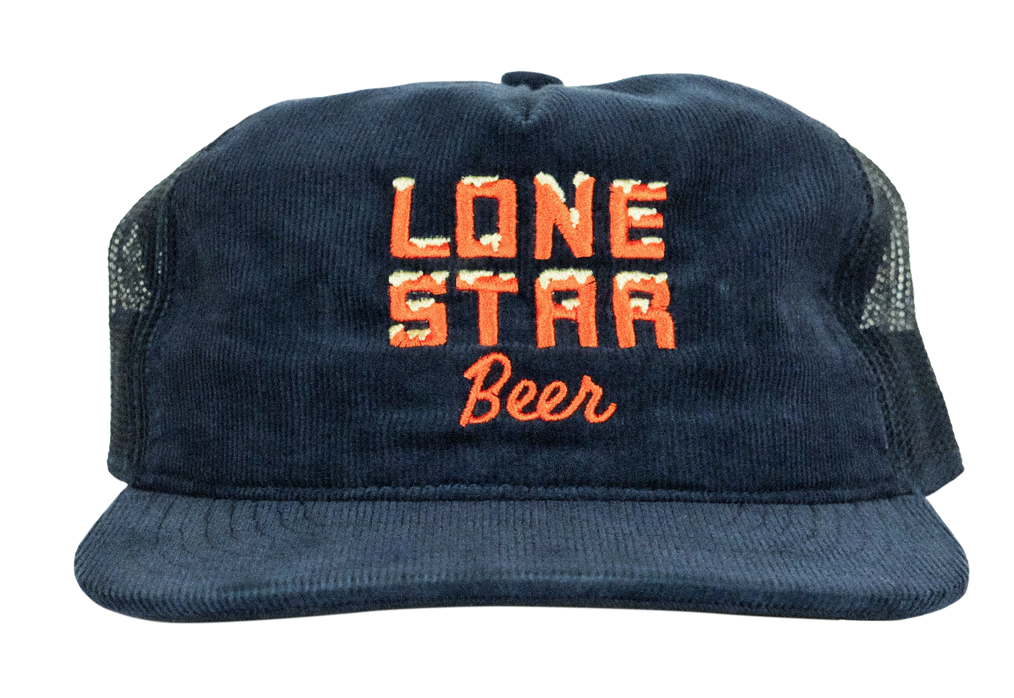 Lone Star Beer embroidered corduroy hat detail featuring vintage ice letters design