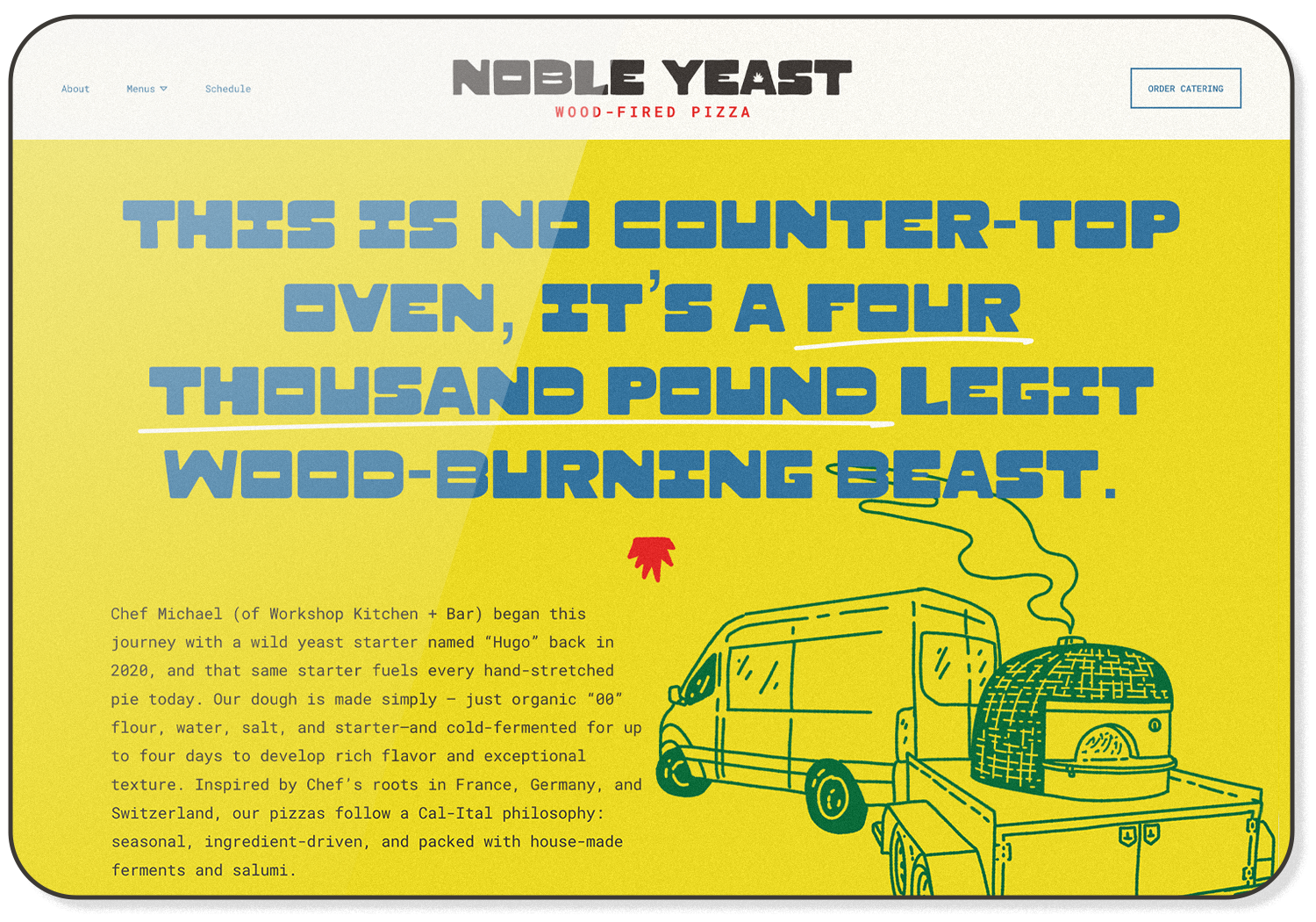 Web design for Noble Yeast featuring desert-inspired branding and catering info