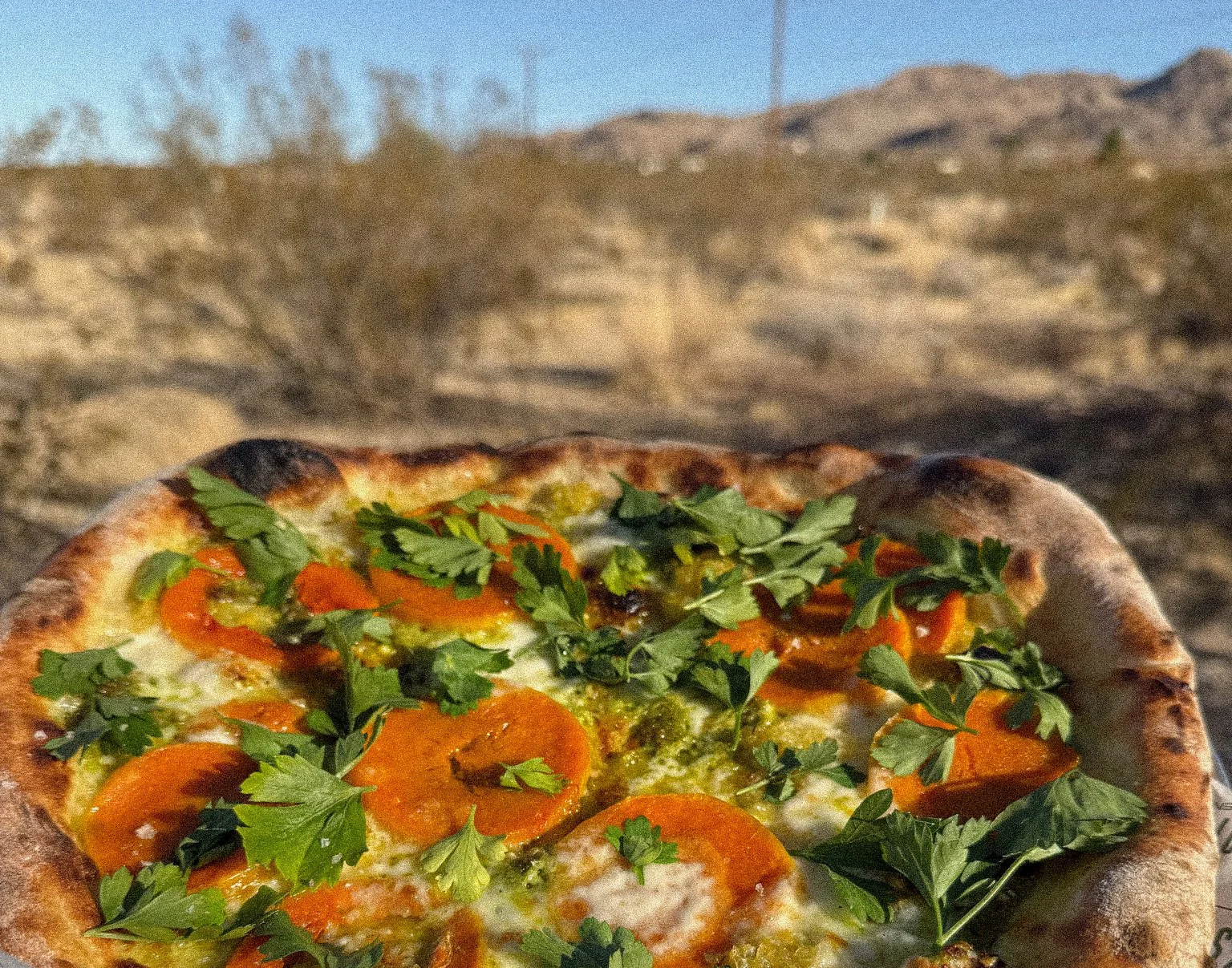 Hand-stretched Neapolitan pizza wood-fired under the desert sky