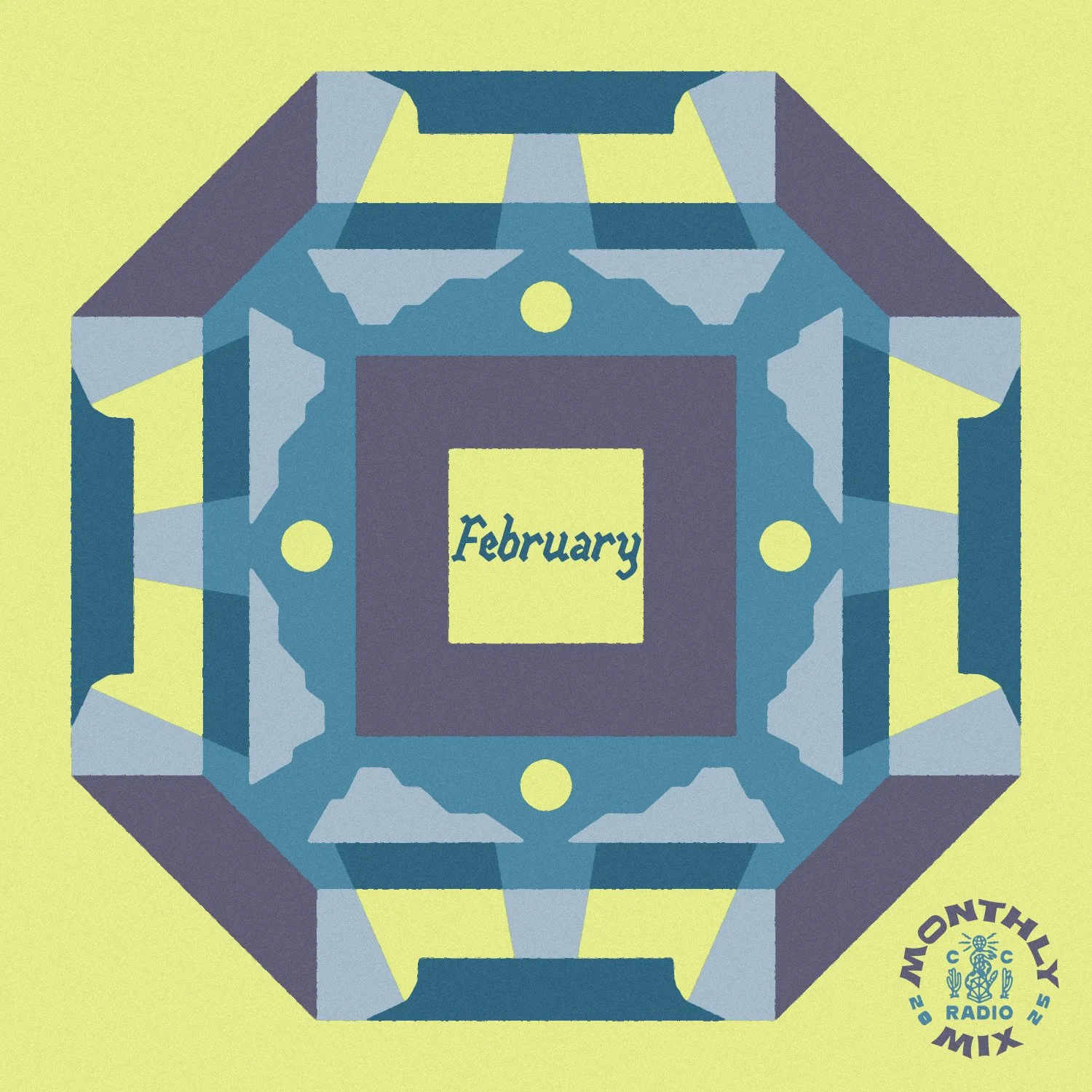 Cosmic desertwave playlist cover featuring a lime green and blue punchy desert landscape for February 2025 spectral soundscapes