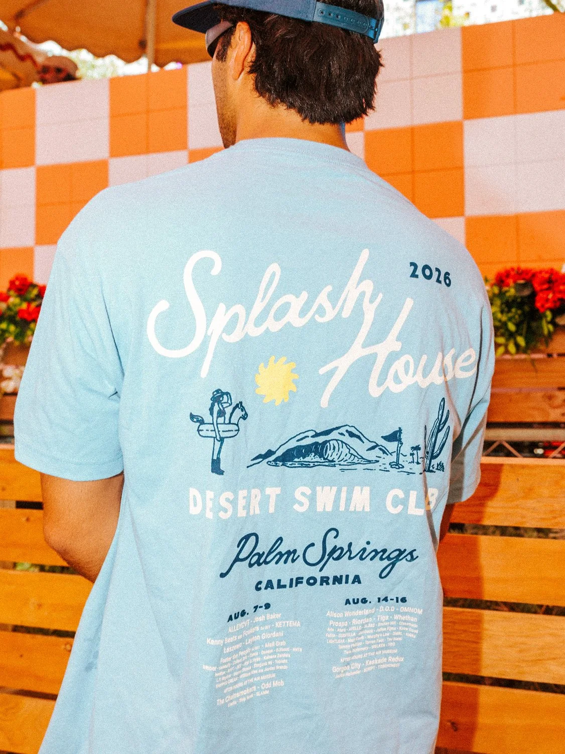 Splash House lineup tee back design for 2026 Splash House merch collection featuring cowgirl in desert swim club.