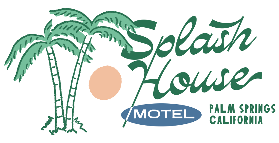 Vintage hotel palm tree script logo for Splash House merch collection.