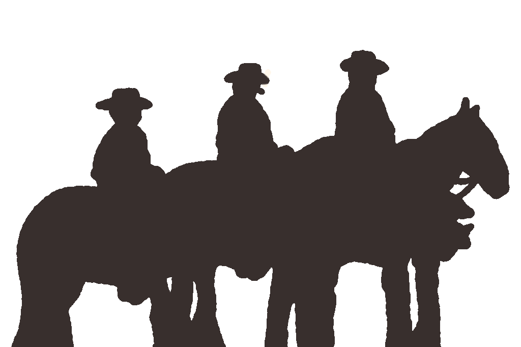 Three silhouetted cowboys on horseback overlooking the desert - cosmic desertwave radio scene