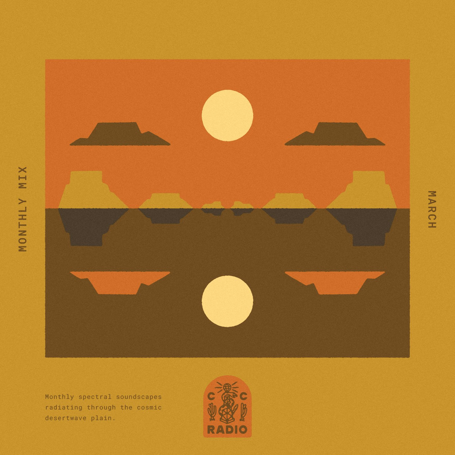 Cosmic desertwave playlist cover featuring a green color study and desert landscape for March 2026 spectral soundscapes