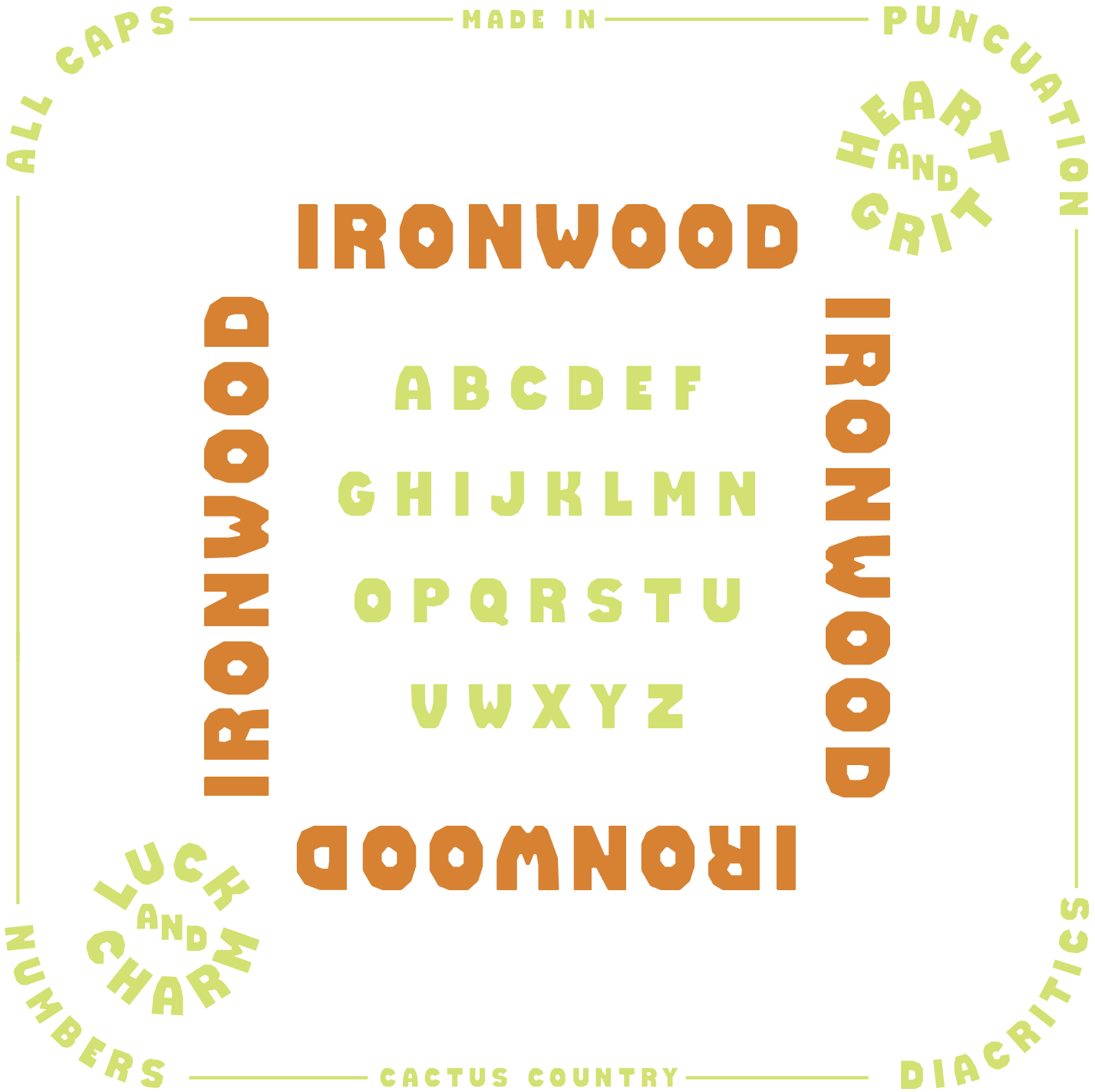 Full alphabet of western display font ironwood featuring punctuation, numbers, all caps, and diacritics.