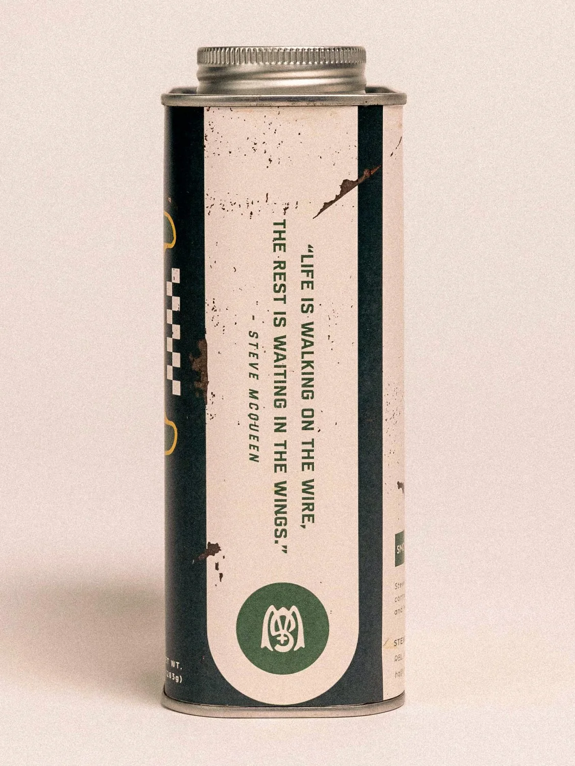 Vintage-inspired coffee tin packaging side quote design layout for Steve McQueen Coffee brand