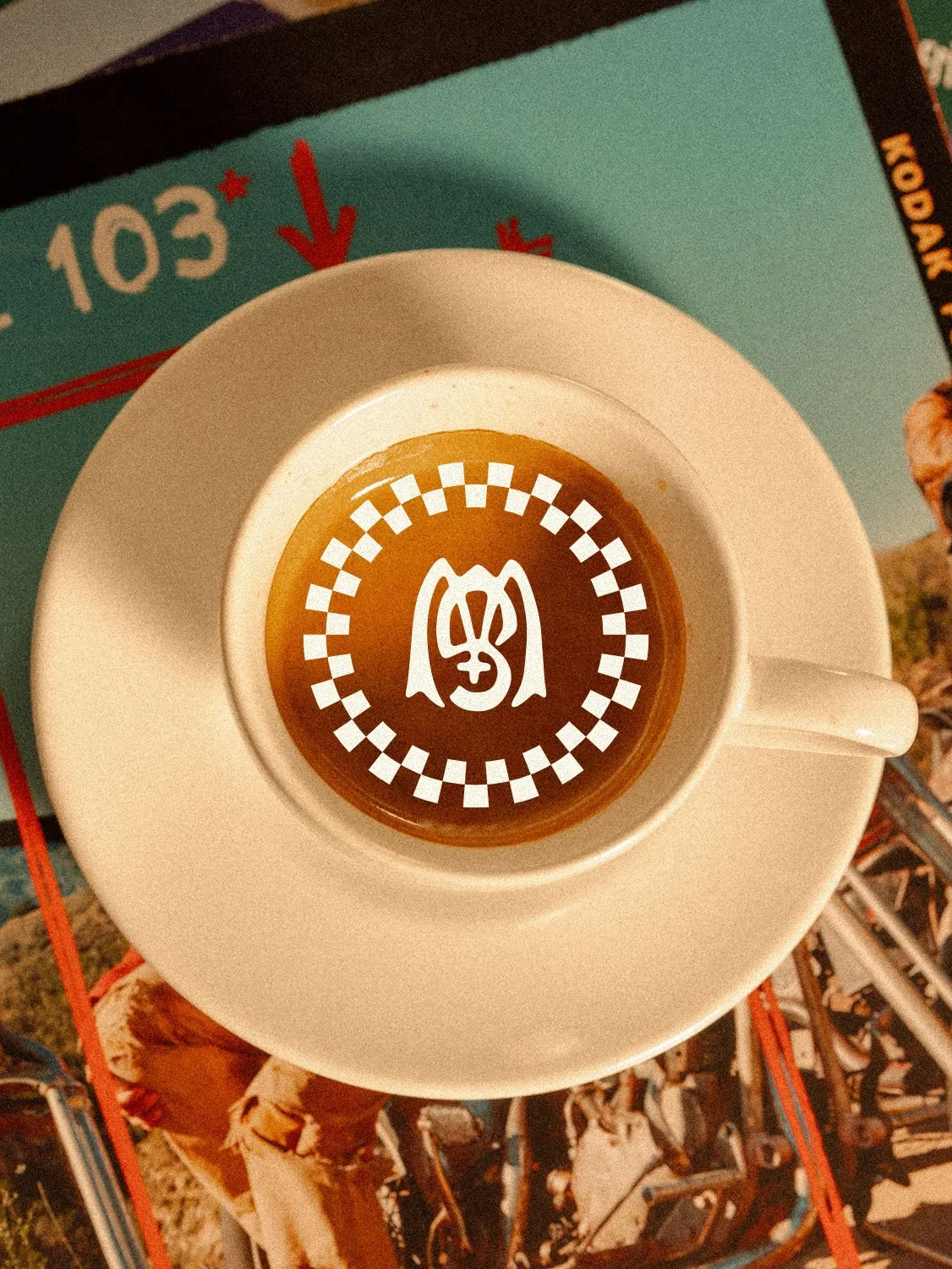 Steve McQueen signature and branded mini check racing circle design for coffee packaging branding